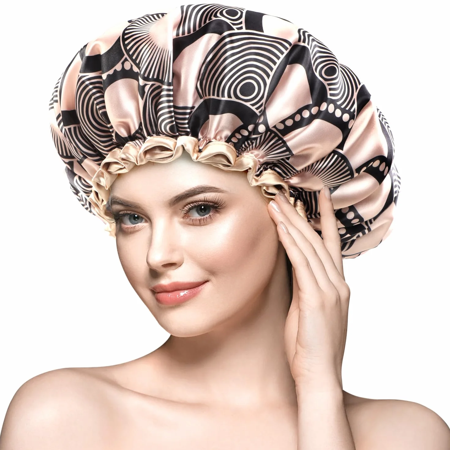 Bonnet de Douche réutilisable pour cheveux longs, imperméable, lavable, motif Champagne, double couche