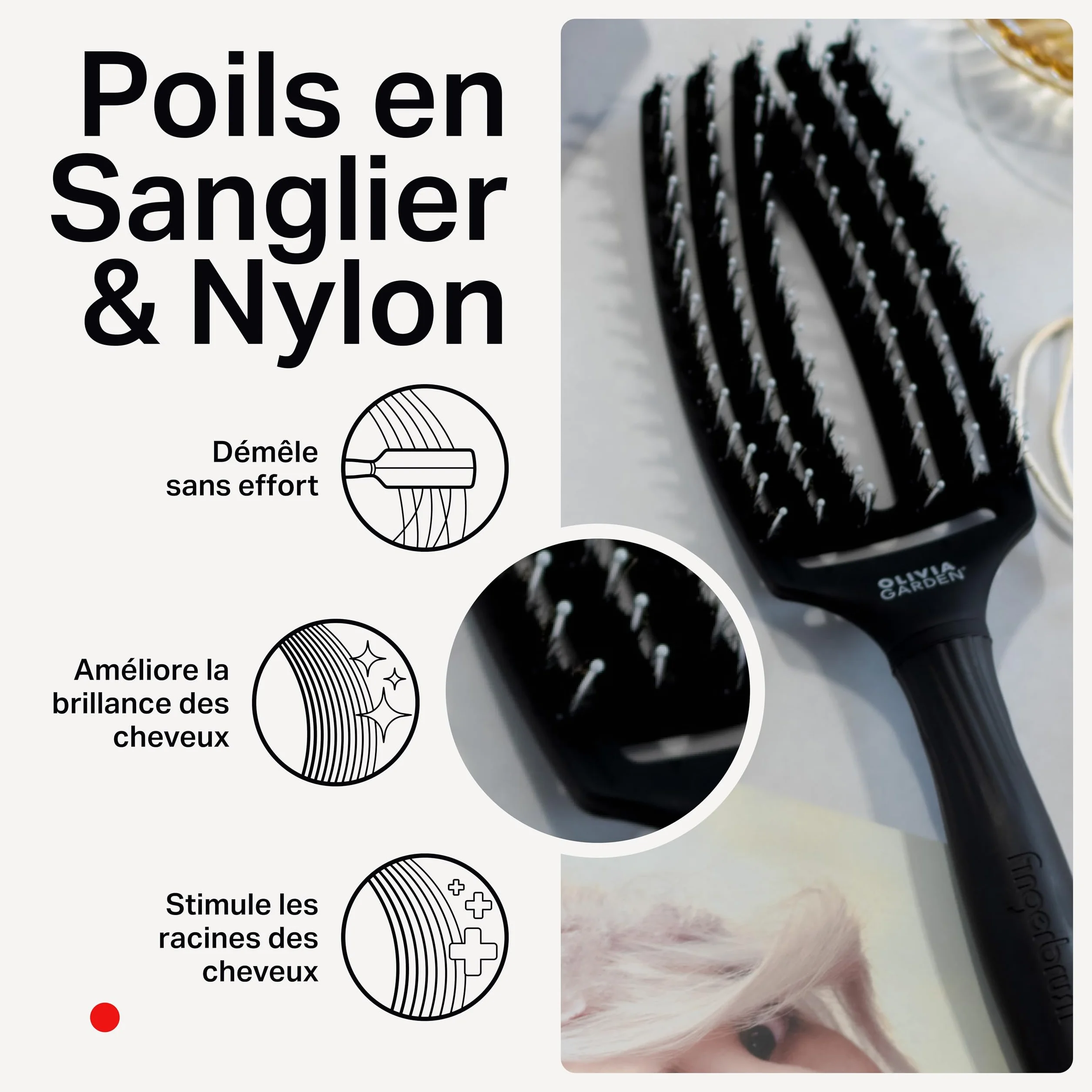 Olivia Garden Fingerbrush Care Iconic Detangling Hairbrush Boar Nylon Bristles