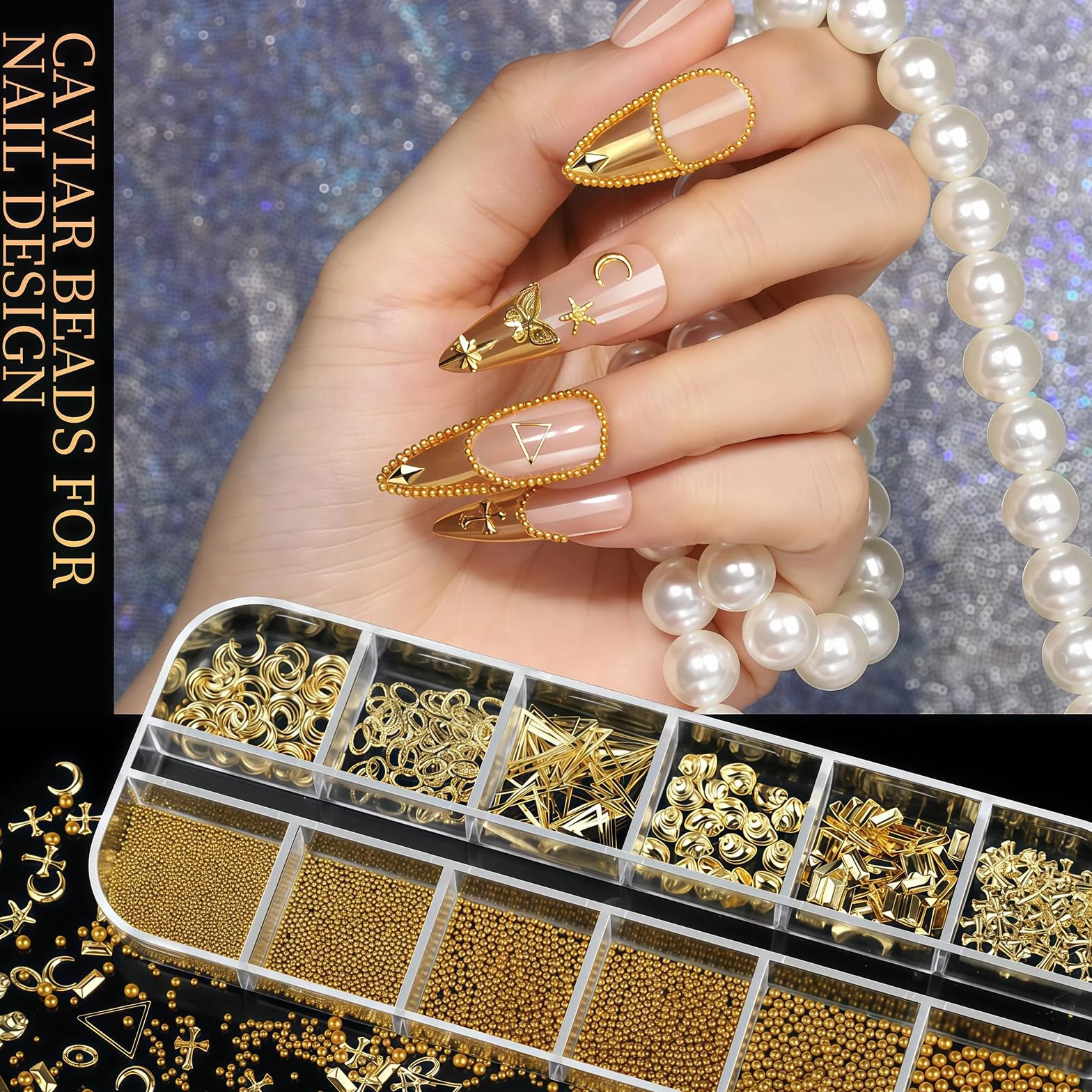 Ensemble de Bijoux Ongles Gold Nail Charms, Lot de 4 Pierres à Ongles, Kit Accessoires Nail Art