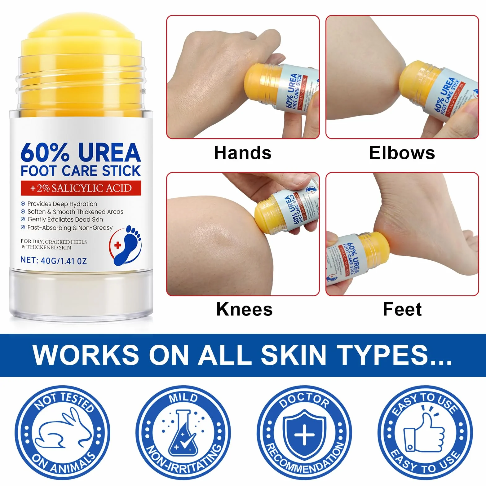 Crème pour pieds à 60% urée et 2% acide salicylique, barre réparatrice talons fissurés, hydratante mains coudes