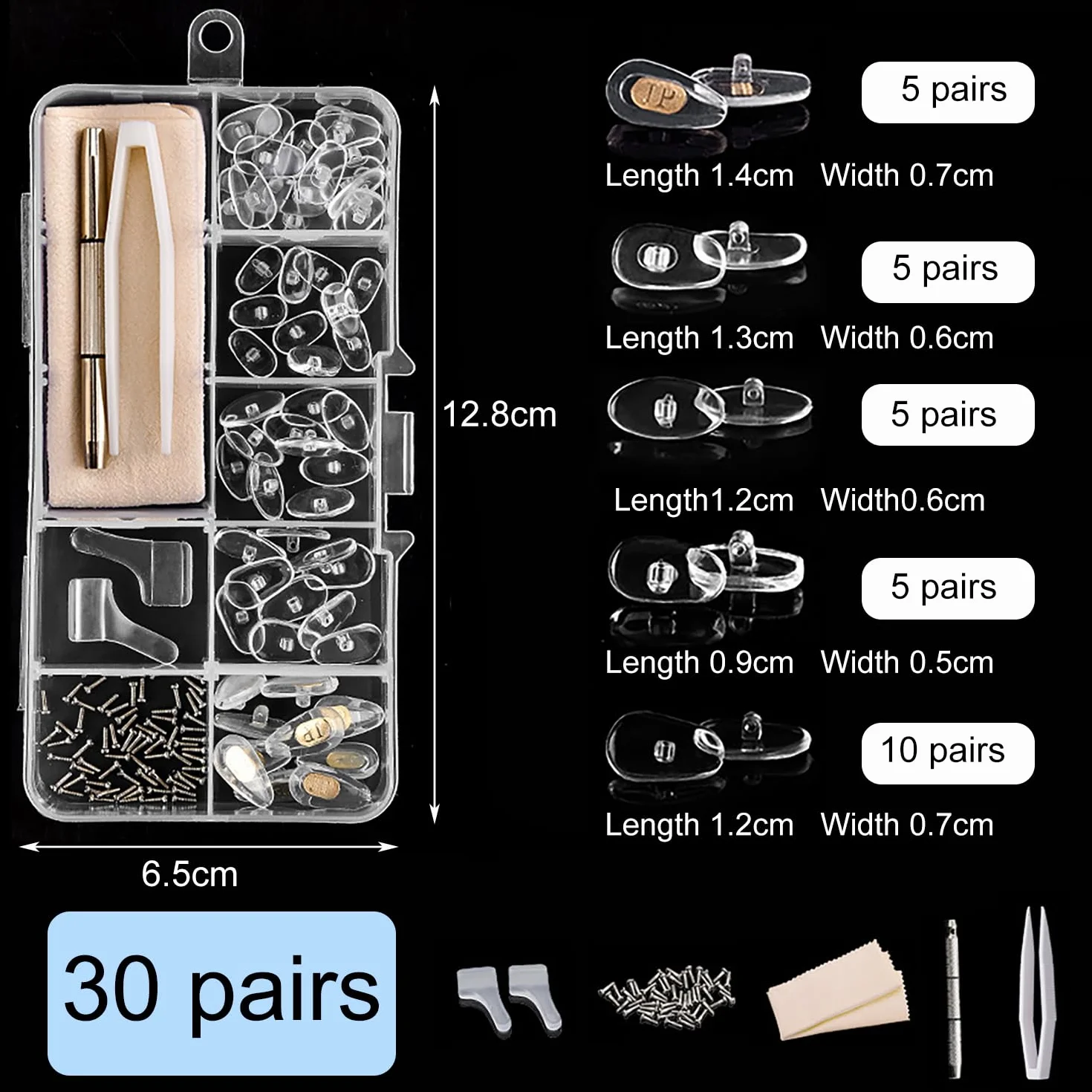 Plaquettes de Nez de Lunettes en Silicone 30 Paires, Kit de Réparation de Lunettes avec Vis Pincette Chiffon Tournevis