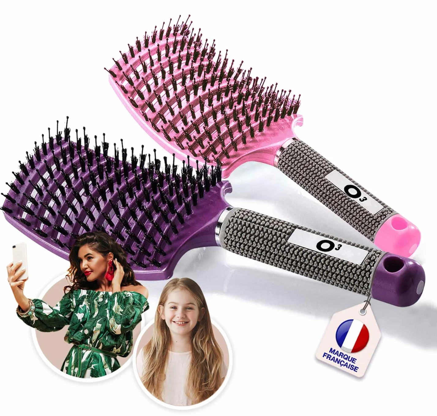 Brosses à Cheveux en Poils de Sanglier Démélant Naturel Set Rose et Violette