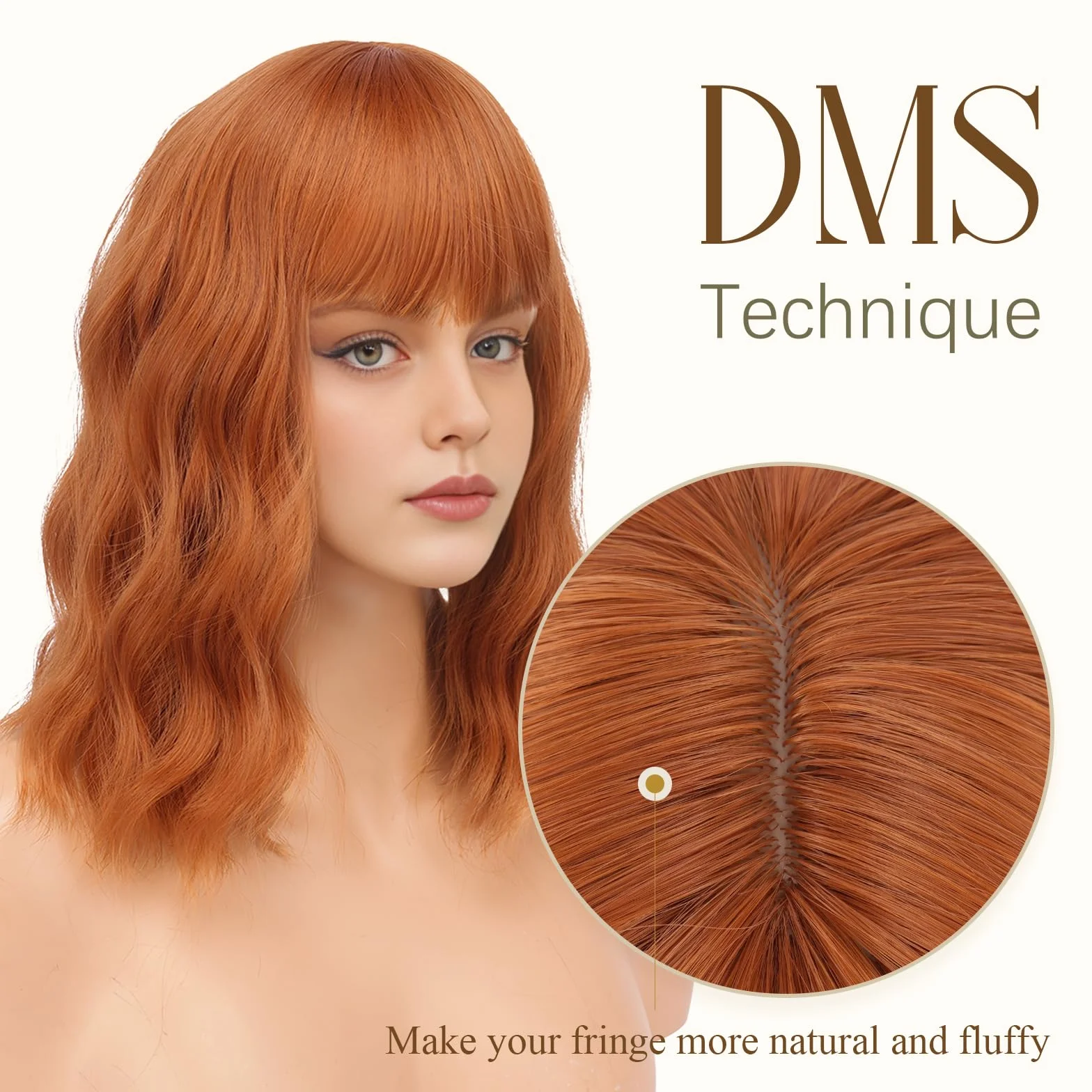 FESHFEN Perruque ondulée avec frange - 35 cm - Orange foncé - Longueur épaules dénudées - Cheveux synthétiques - Pour femme et femme - Pour le quotidien, le carnaval