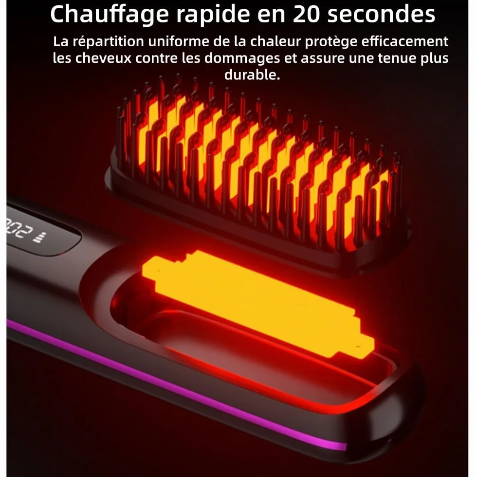 Brosse à Lisser Rechargeable Portable 3 Températures Chauffage Rapide Affichage LCD