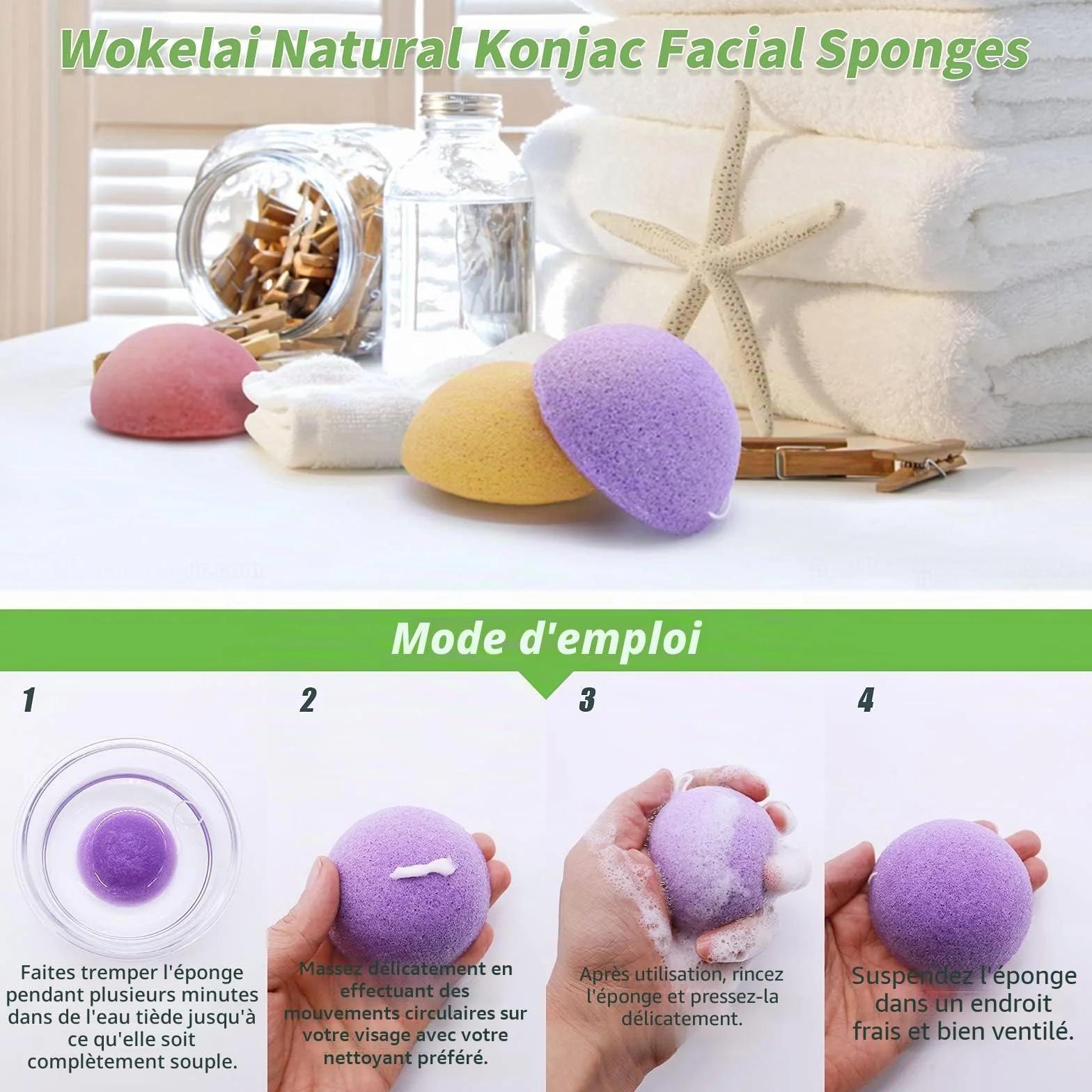 Lot de 6 éponges Konjac naturelles pour le visage avec charbon actif et aloe vera