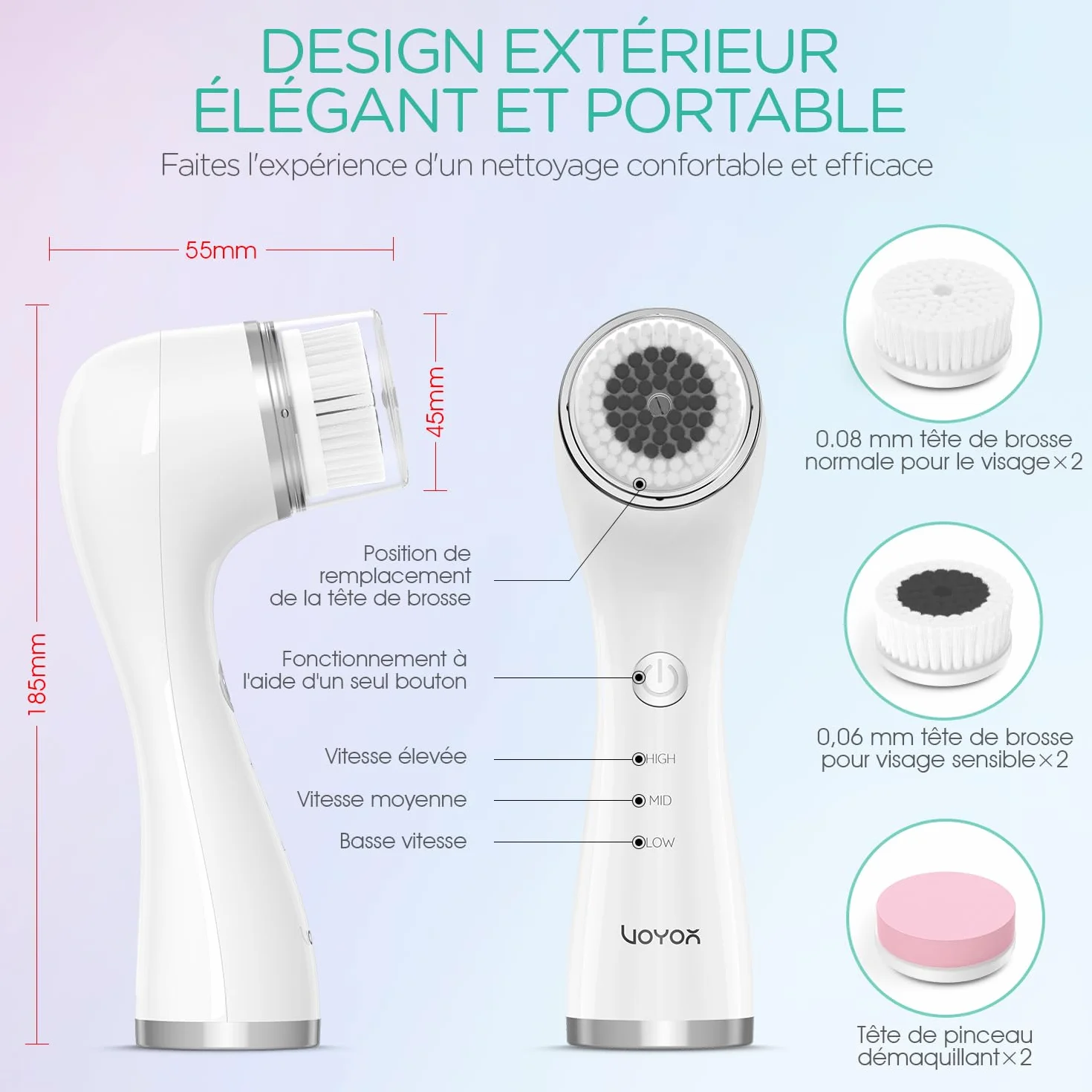 VOYOR Brosse Nettoyante Visage Rechargeable 3 Réglages de Vitesse Brosse Visage pour un Nettoyage en Profondeur du Visageet et une Exfoliation, 6 en 1 Imperméable Brosse Électrique Visage FB101