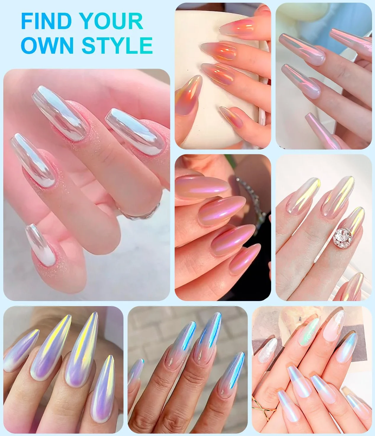 Pearl Poudre Chrome Ongle BISHENGYF 8Pcs Aurora Ice Schimmer Perles Chrome Powder Nail Art Manucure