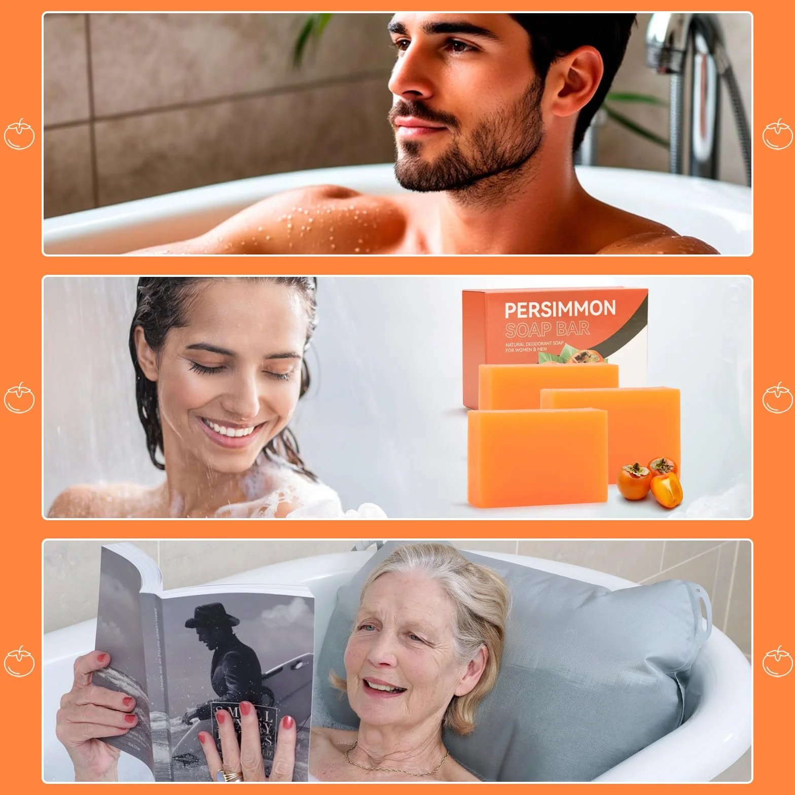 Savons au Kaki pour Personnes Âgées avec Filets Moussants, Lot de 3, Orange