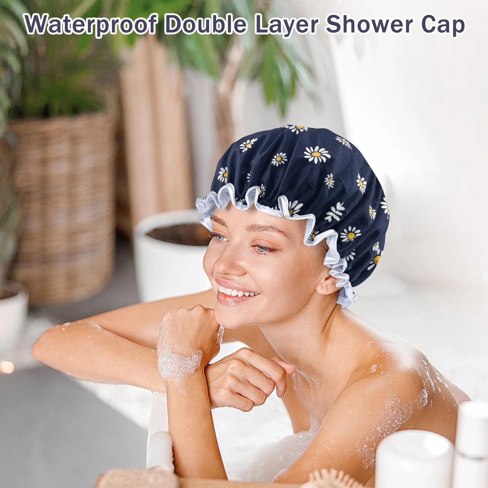 Bonnet de douche imperméable double couche pour femme motif floral unique réutilisable Marguerite Bleu Foncé