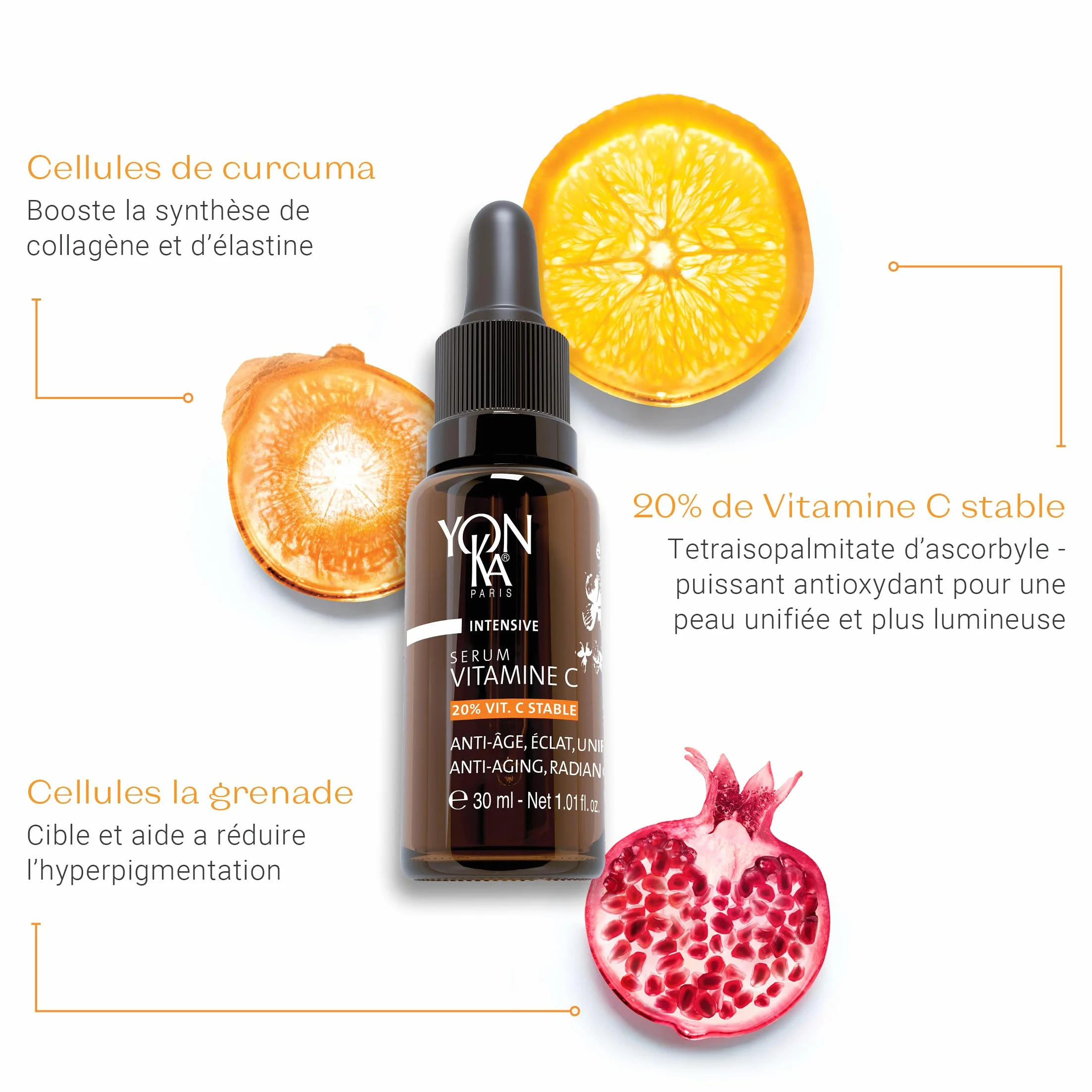 Yonka Sérum Vitamine C 30ml - Texture Huile - Anti-Âge, Éclat et Unifiant Illumine et Réduit les Taches - 20% de Vitamine C Stable - 99,9% d’Ingrédients d’Origine Naturelle