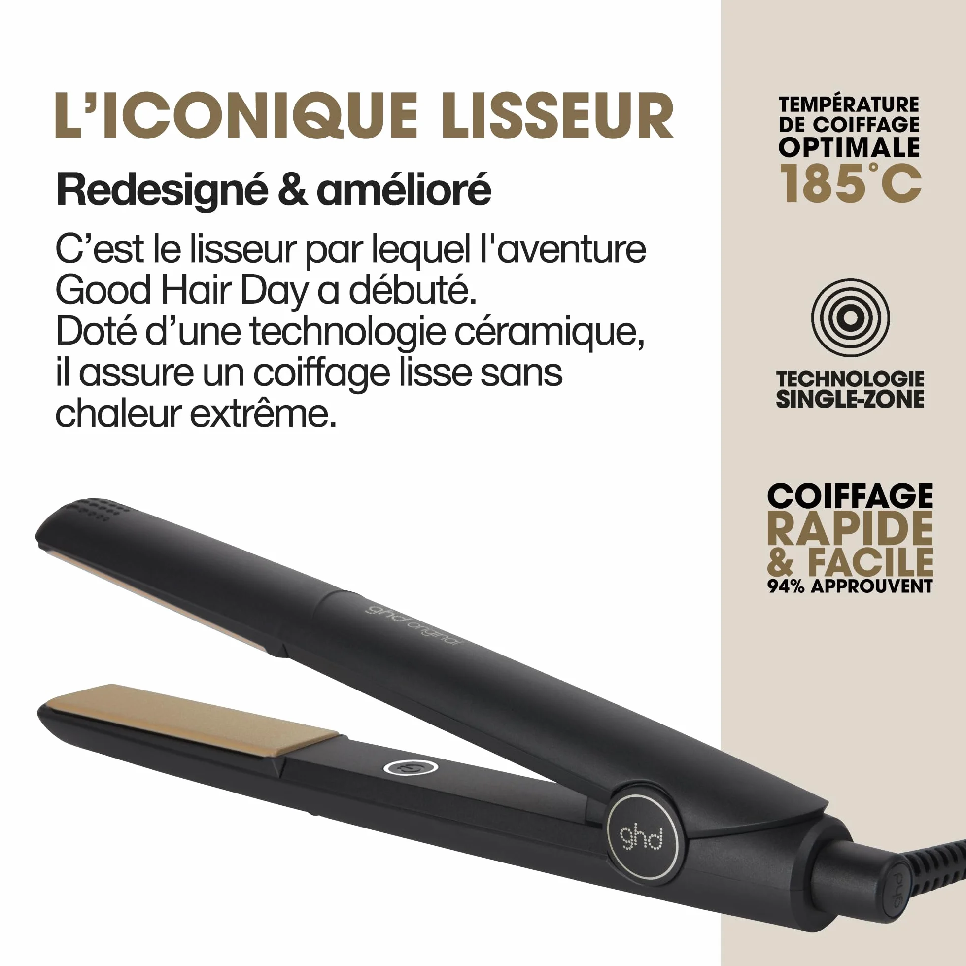 ghd Lisseur cheveux original Fer à lisser professionnel Noir Cheveux lisses doux brillants sans chaleur extrême Lisseur boucleur design arrondi