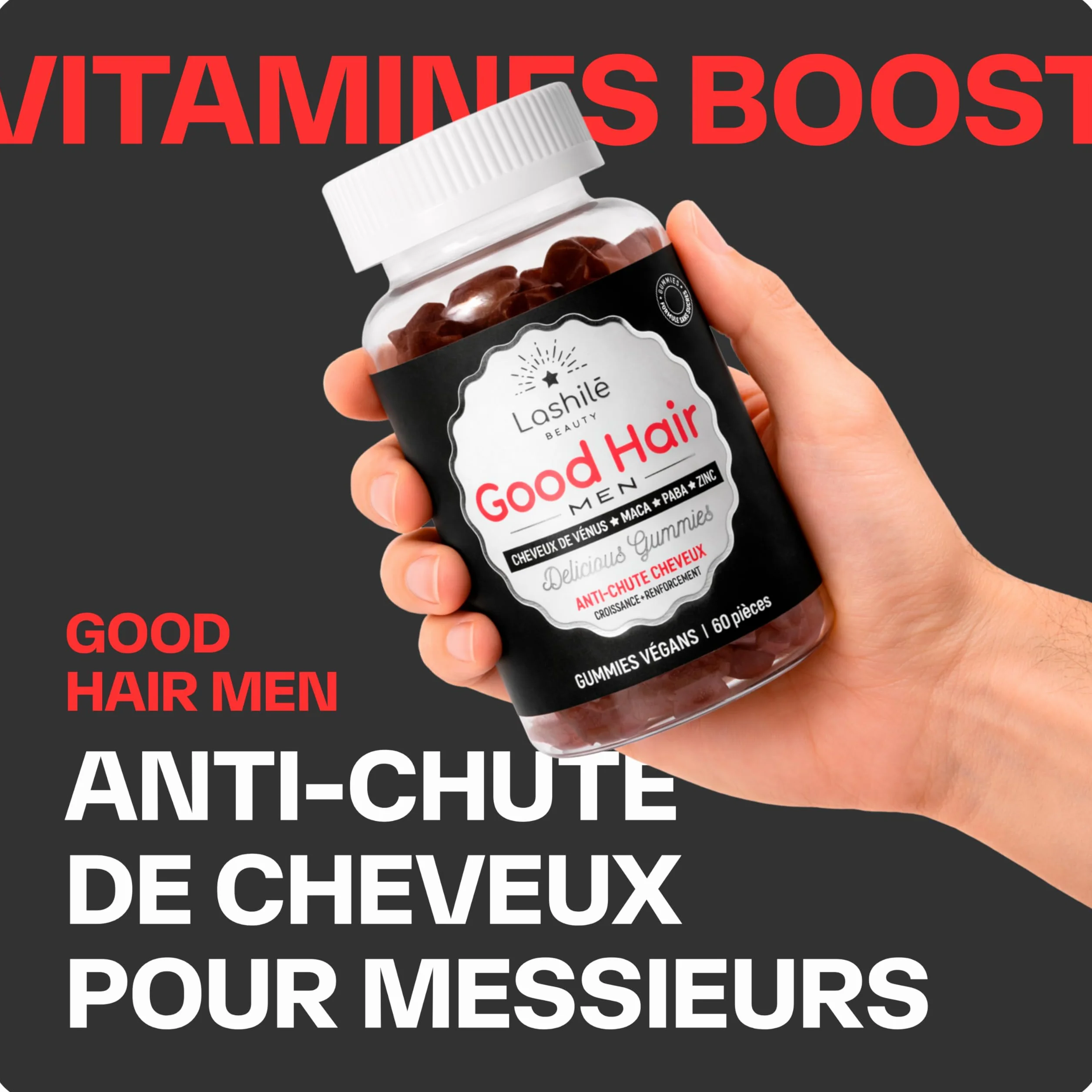 Lashilé Beauty Complément Alimentaire Anti-Chute Cheveux & Renforcement Capillaire Croissance & Densité Good Hair Men Zinc Maca 60 Gummies