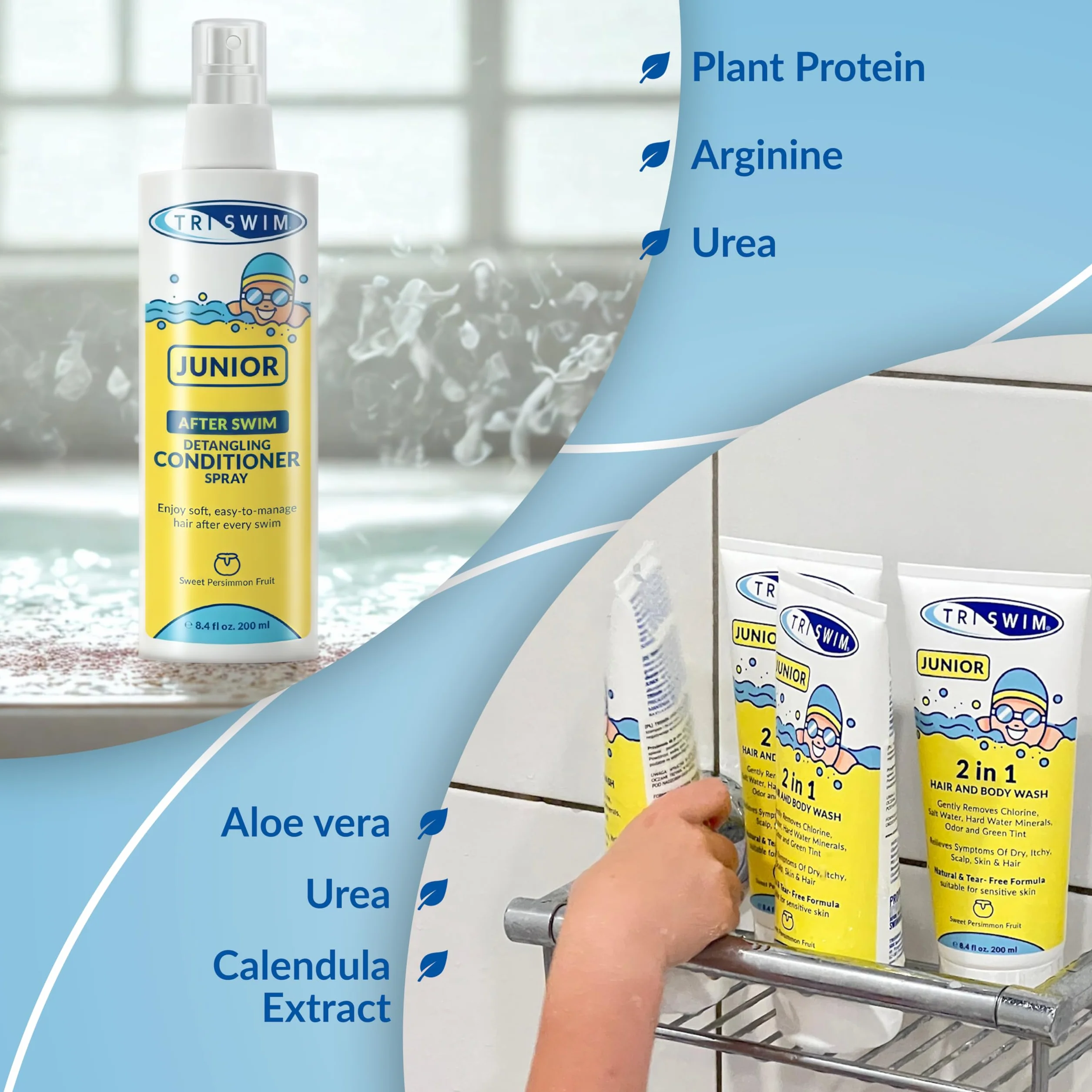 TRISWIM Après-shampoing démêlant Junior After Swim pour Enfants - Protège et répare cheveux endommagés par chlore, eau salée