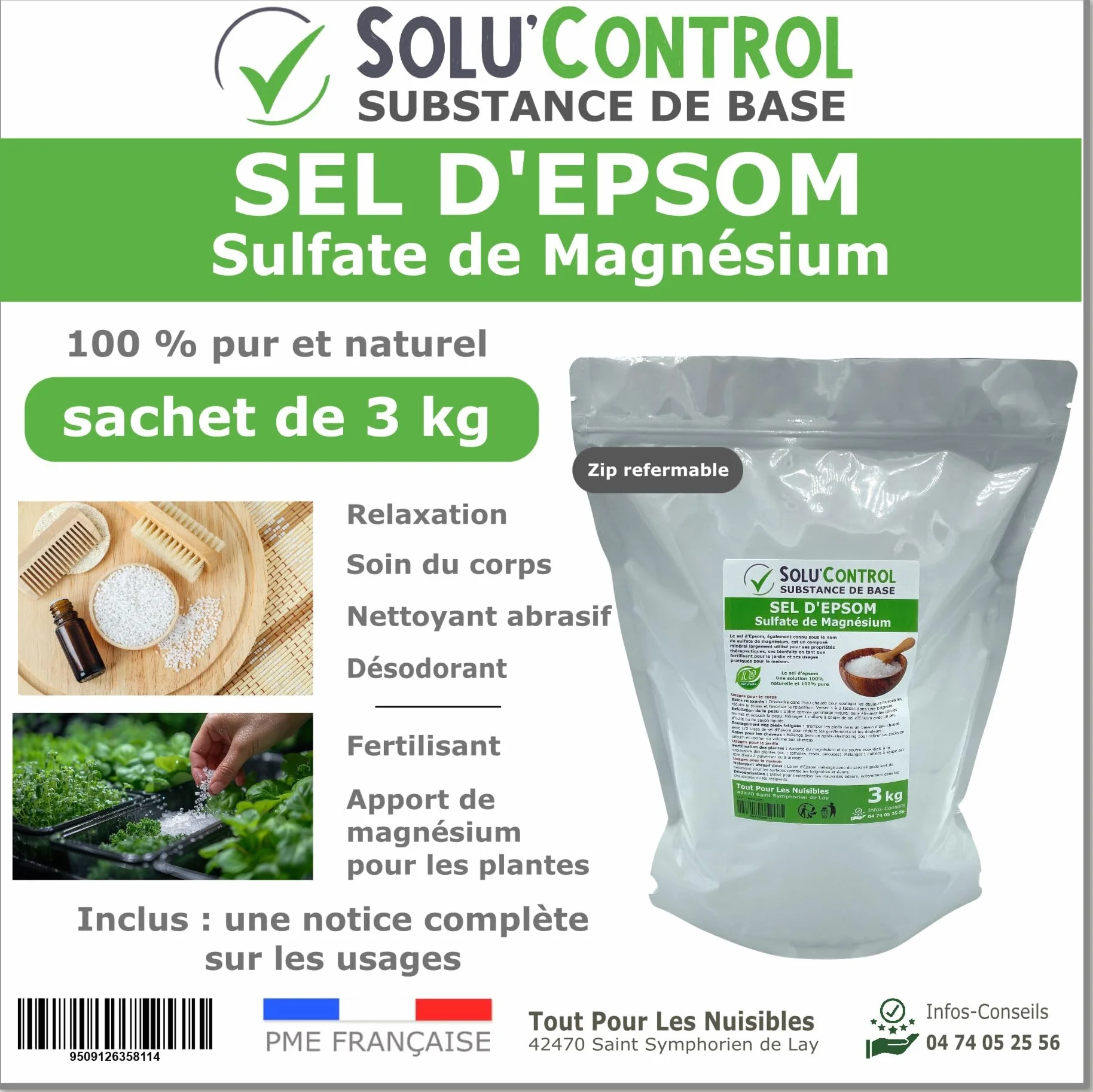 Sel d'Epsom 3 kg - Solu'Control - Sulfate de Magnésium 100% Pur et Naturel - Relaxation, Soin du Corps, Déodorant, Fertilisant et Apport en Magnésium pour Plantes - Sachet avec Zip Refermable