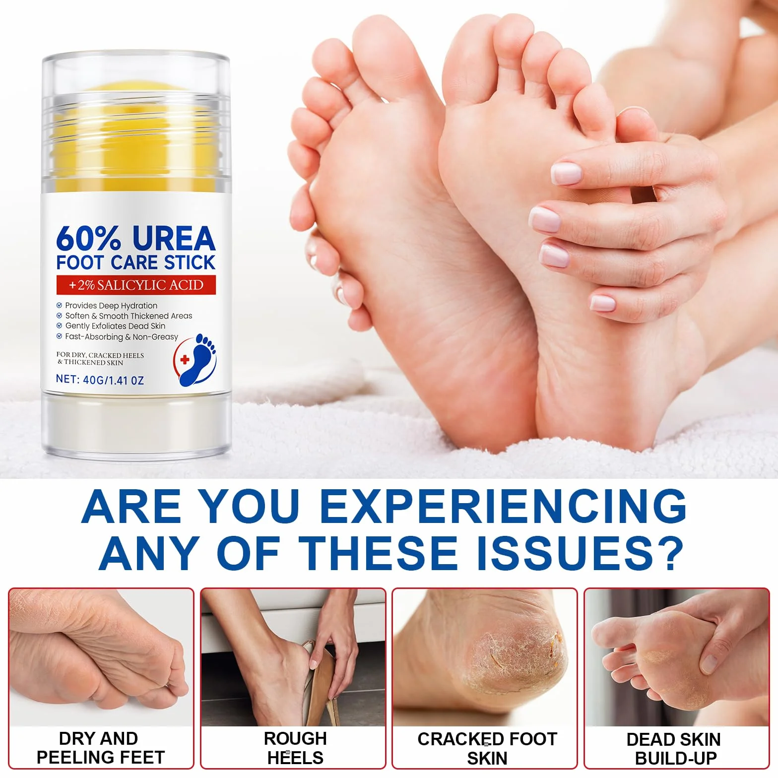 Crème pour pieds à 60% urée et 2% acide salicylique, barre réparatrice talons fissurés, hydratante mains coudes