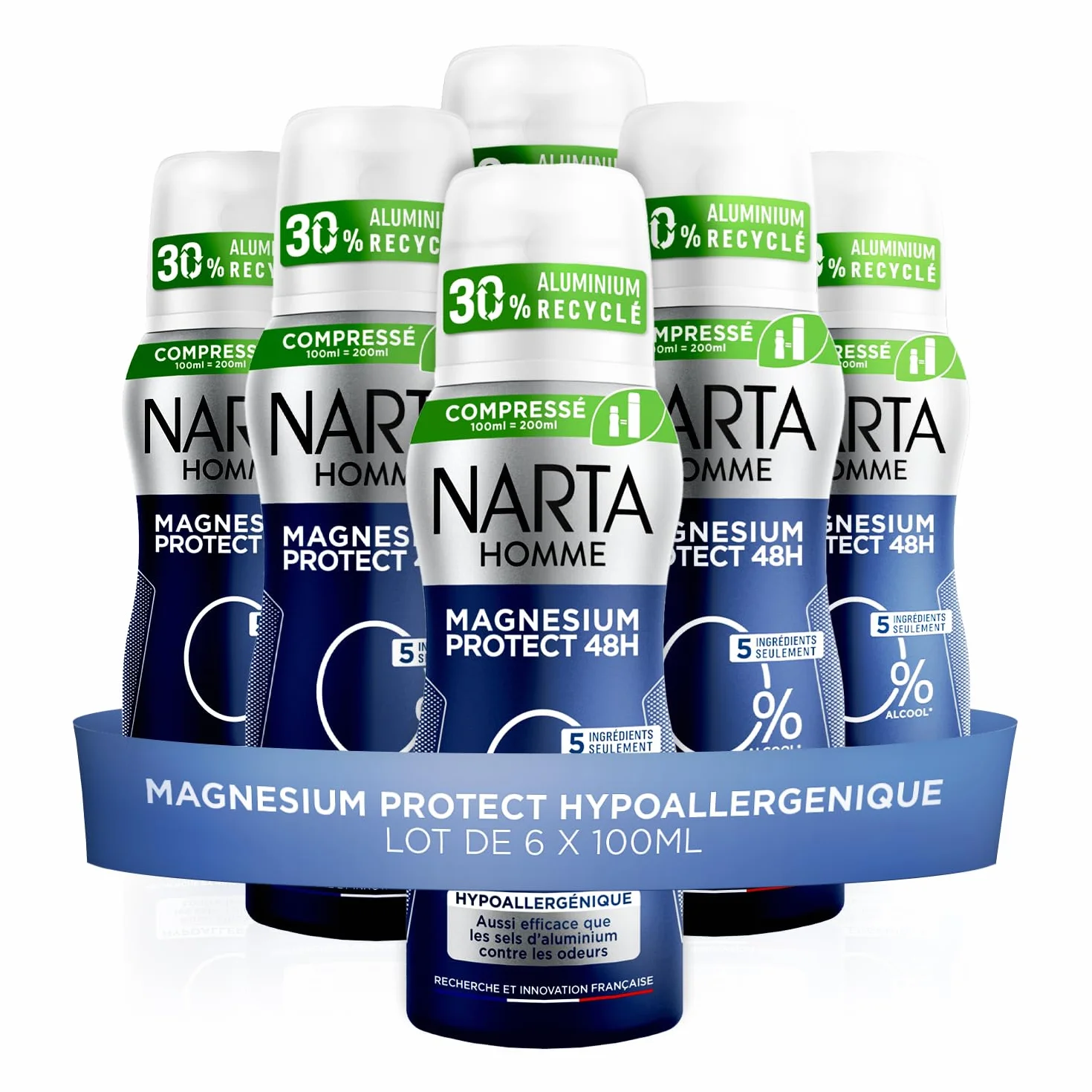 Narta - Déodorant Homme - Magnesium Protect Hypoallergénique - Spray Compressé - Lot de 6 x 100 ml