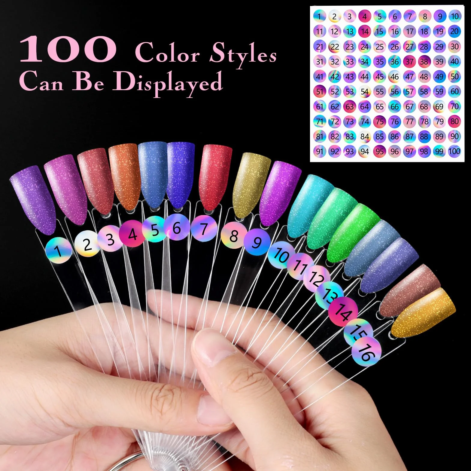 Palette Maquillage Vernis à Ongles, Nuancier Ongles 100 Pièces, Présentoir avec Autocollants Numérotés Transparentes