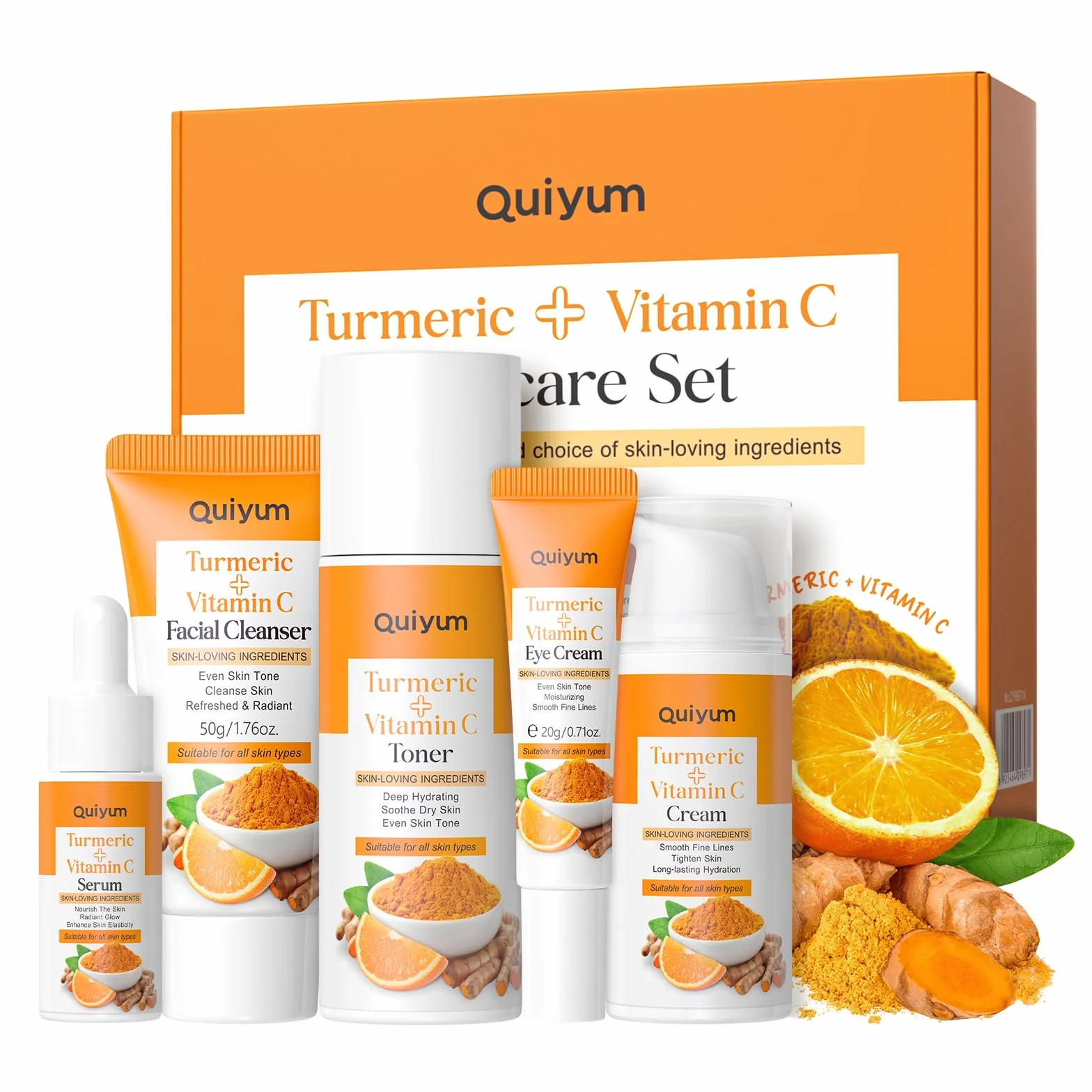 QUIYUM Coffret Soins Visage Curcuma Vitamine C 5 Pièces Hydratant Nettoyant Toner Crème Yeux Essence
