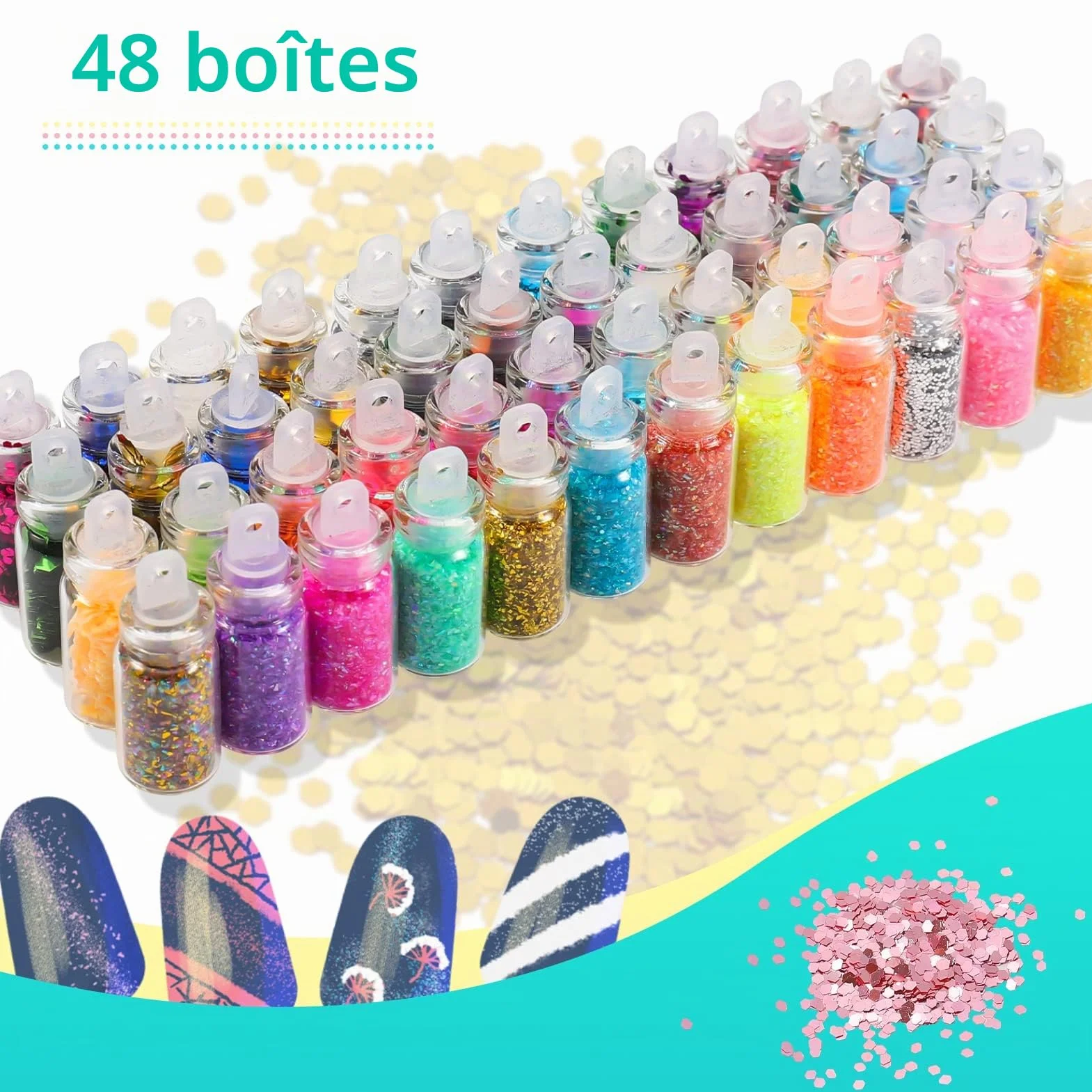 48 Couleurs Paillettes Holographiques Poudre Brillante pour Maquillage Visage Ongles Cheveux Fête DIY