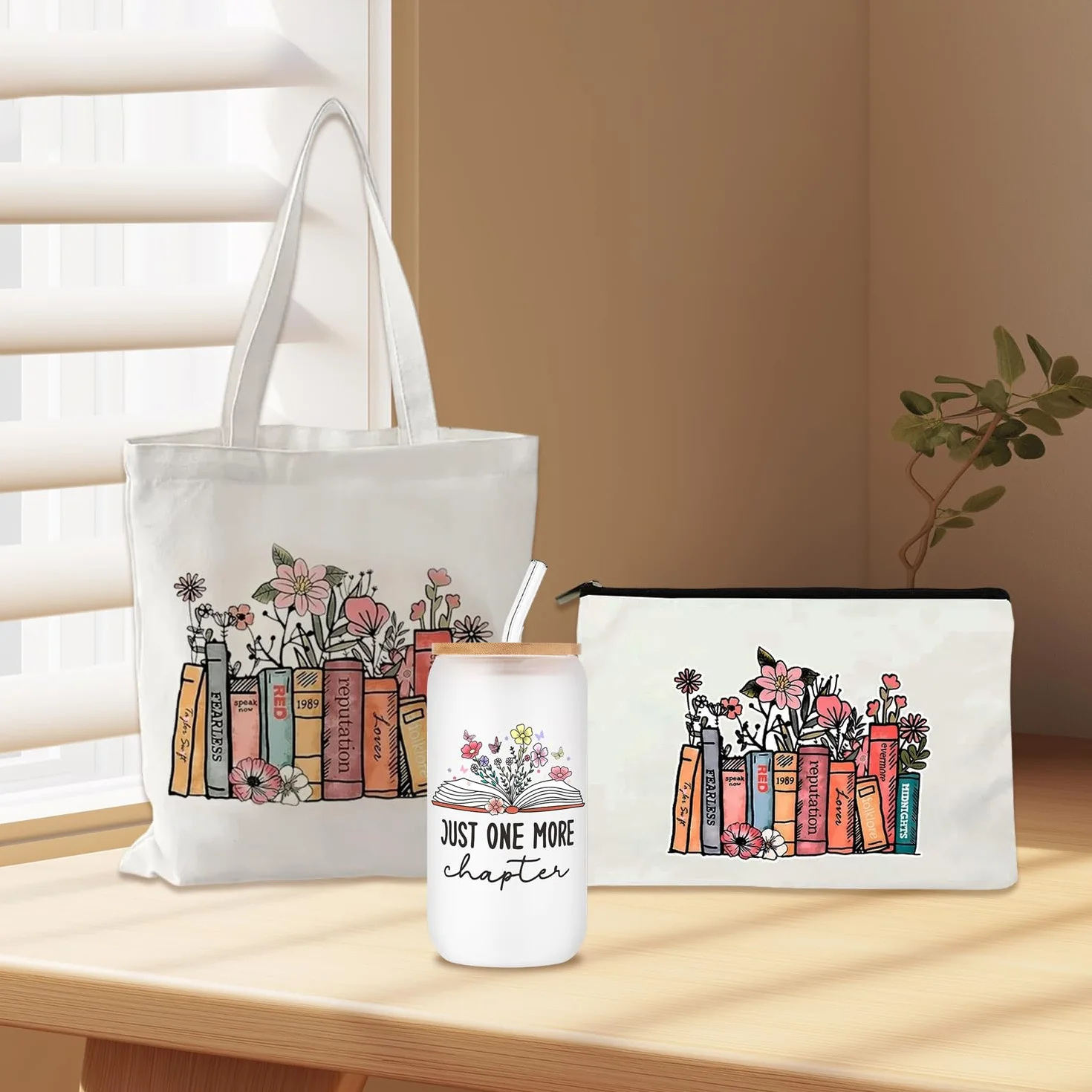 Onperpoe Cadeau d'anniversaire pour les amateurs de livres avec sacs fourre-tout, sacs cosmétiques, bouteilles en verre, bibliothécaire, bibliothécaire, cadeau pour lecteurs, enseignants, étudiants