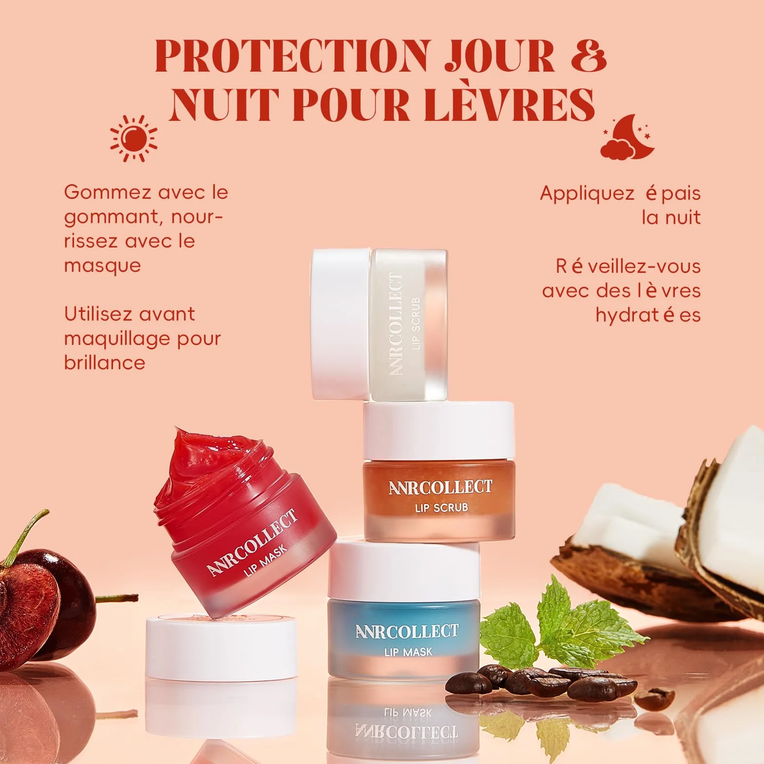 ANRCOLLECT Lot de 4 gommages et masques pour lèvres, hydratation intense lèvres sèches gercées