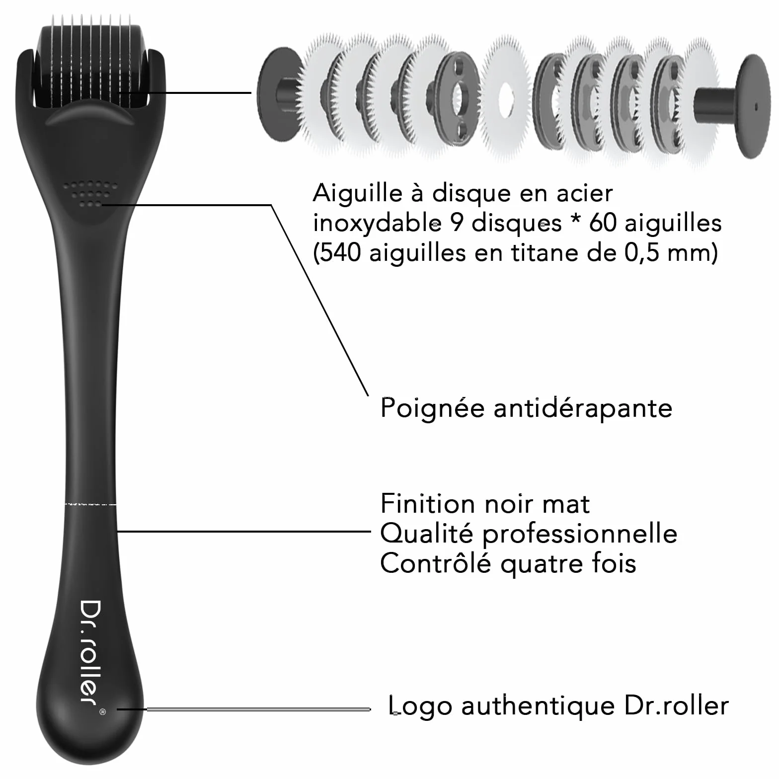 Derma Roller Cheveux Barbe 540 Aiguilles Titane 0.5mm Microneedling Rouleau