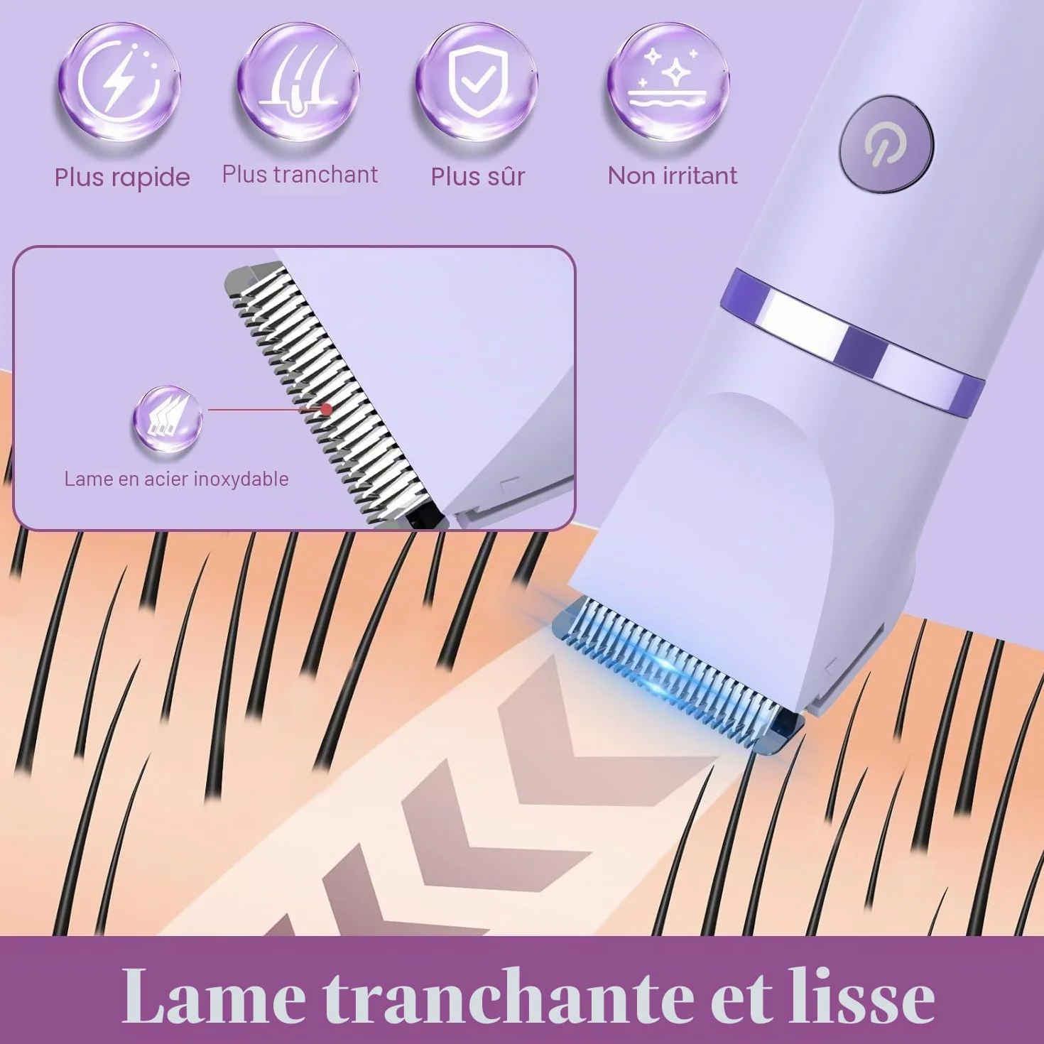 Rasoir Electrique Feminin Tondeuse précise visage zones sensibles, Sans fil, Étanche, Écran LCD, Violet, 3 en 1