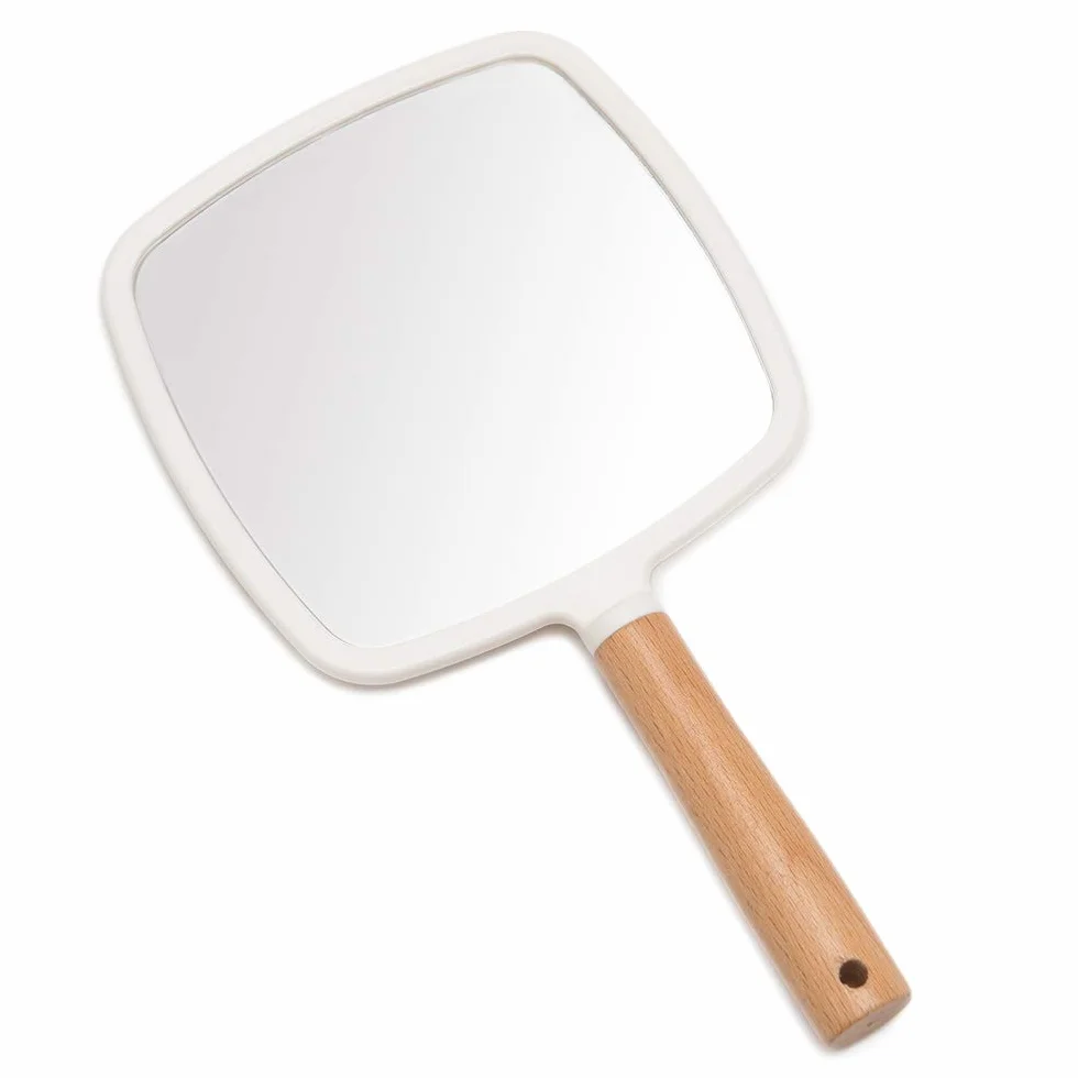 YEAKE Miroir à main en bois avec poignée pour maquillage rasage, miroir de courtoisie portable unilatéral carré