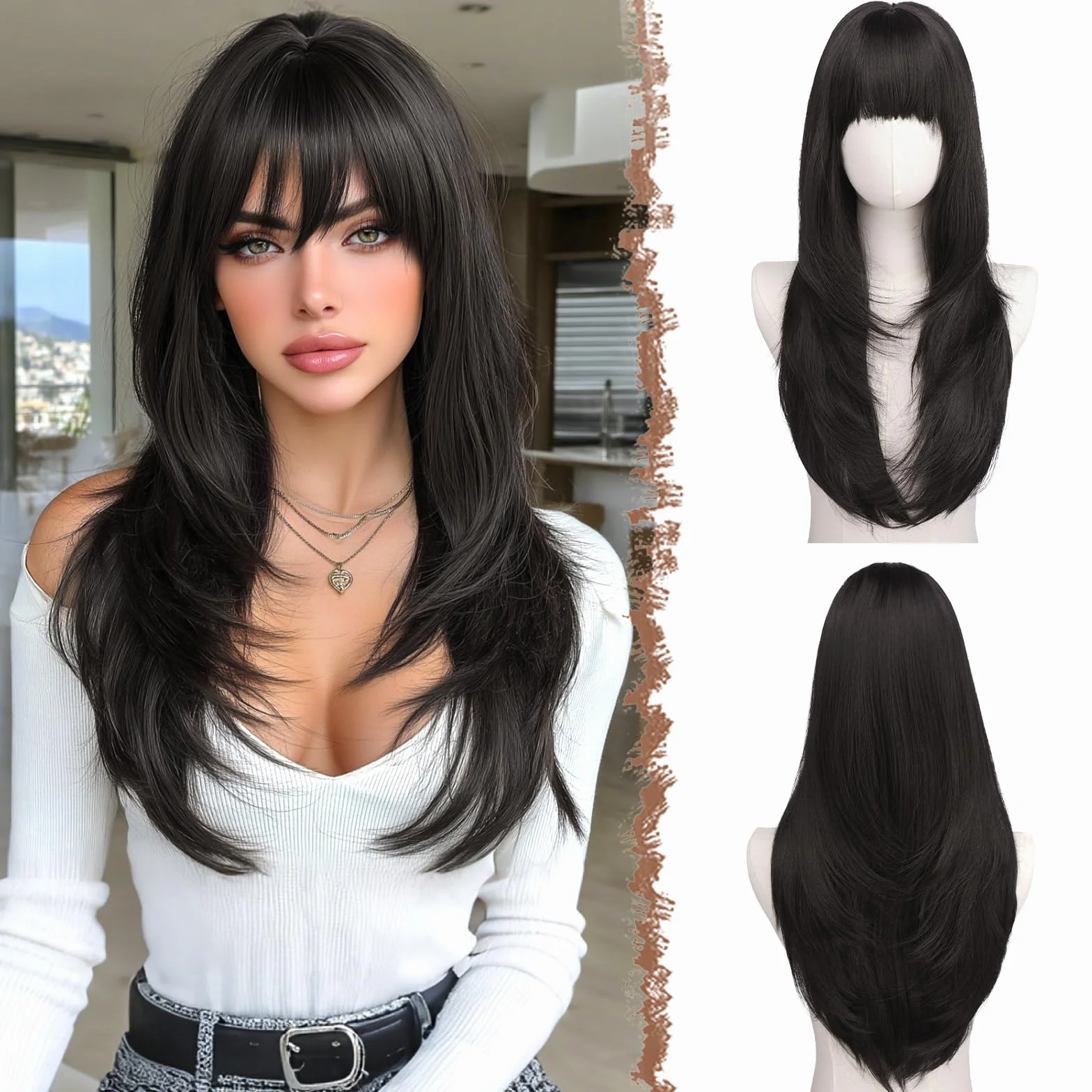 FESHFEN Perruque Layered avec Frange - Perruques Lisse et Droite pour Femmes Noir Brun Cheveux Naturels Synthétiques Wig pour Fêtes Quotidienne, 60 cm