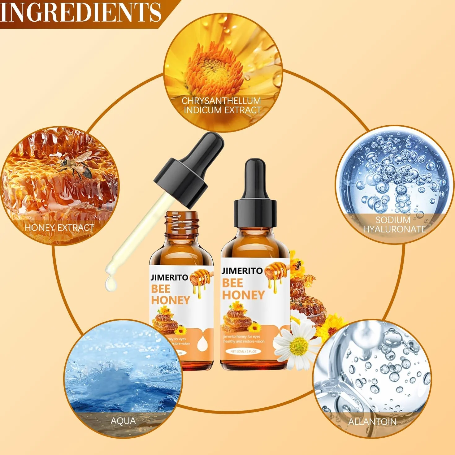 Miel Jimerito Gouttes pour Les Yeux, 3 Pièces, Miel D'abeille Sans Dard, Soulage Fatigue et Sécheresse Oculaires