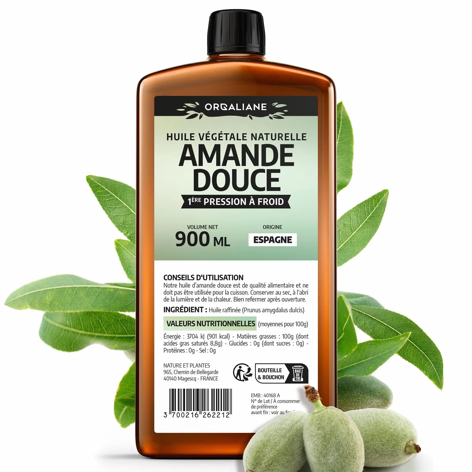 Huile d'Amande Douce 900 ml 100% Naturelle Pression à froid