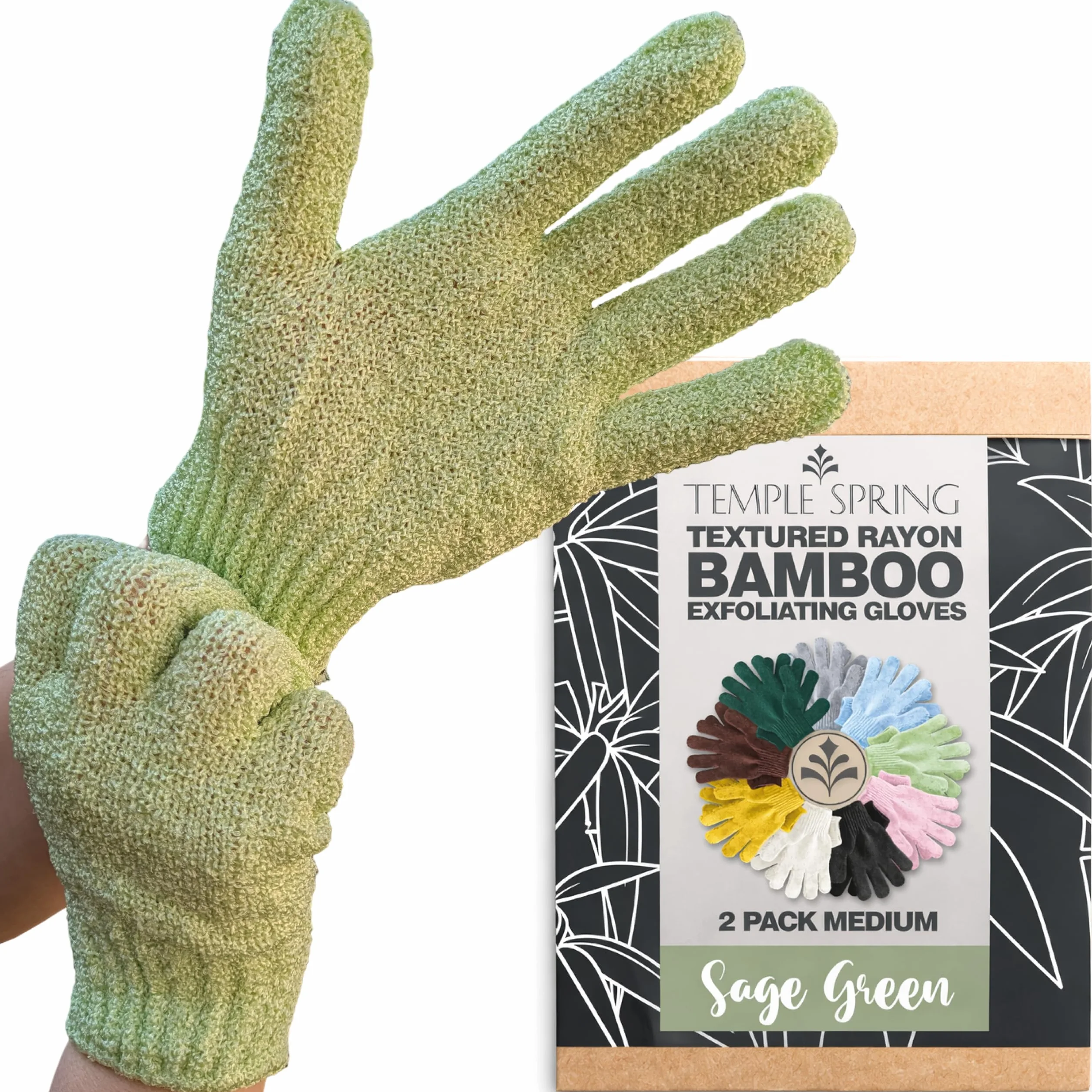 Gant Exfoliant Corps en Bambou, Gommage Corps, Loofah Éponge Douche, Vert Sauge