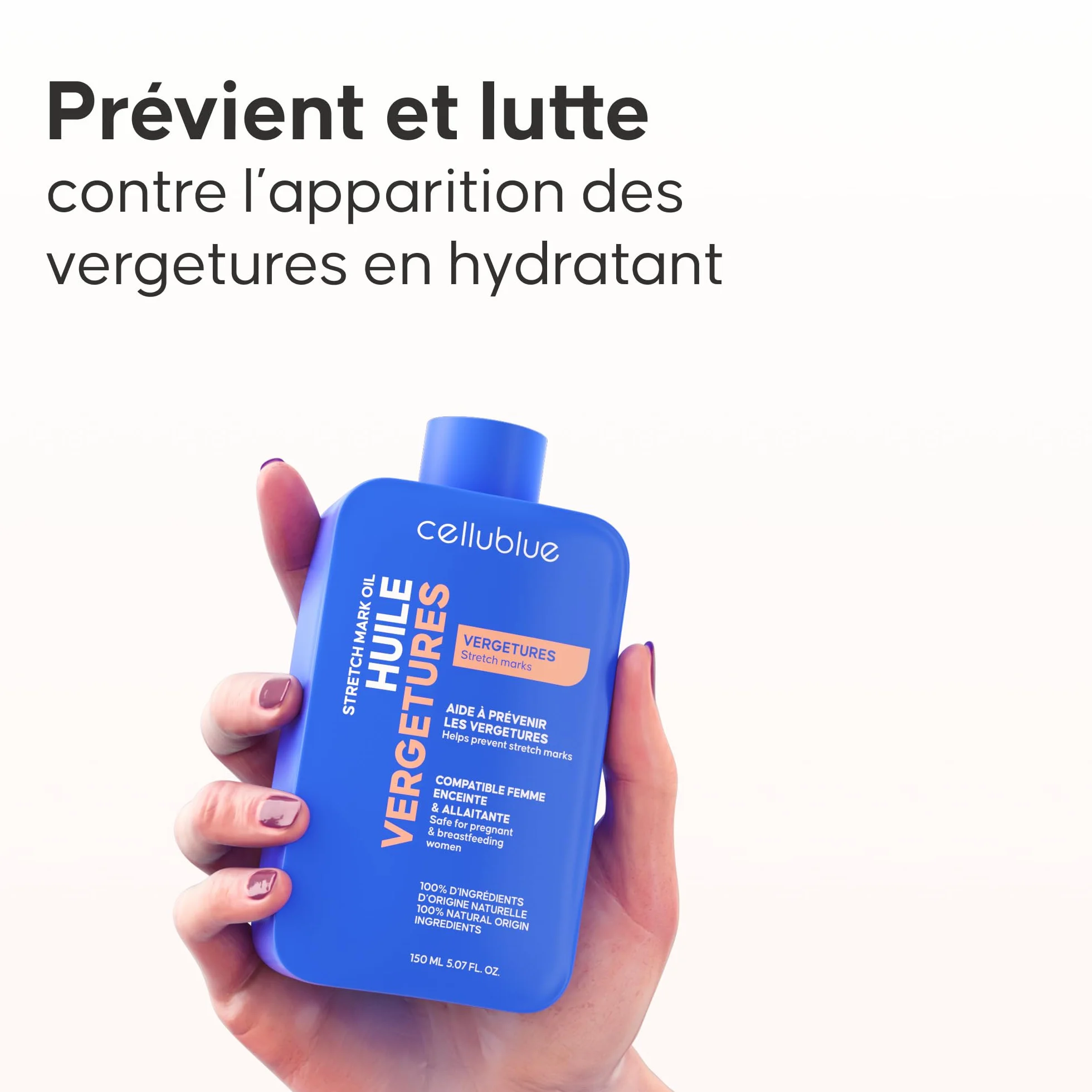 Huile Vergetures Cellublue 5 huiles 100% naturelles Anti-vergetures Cicatrices Peau Sèche Hydrate Élasticité