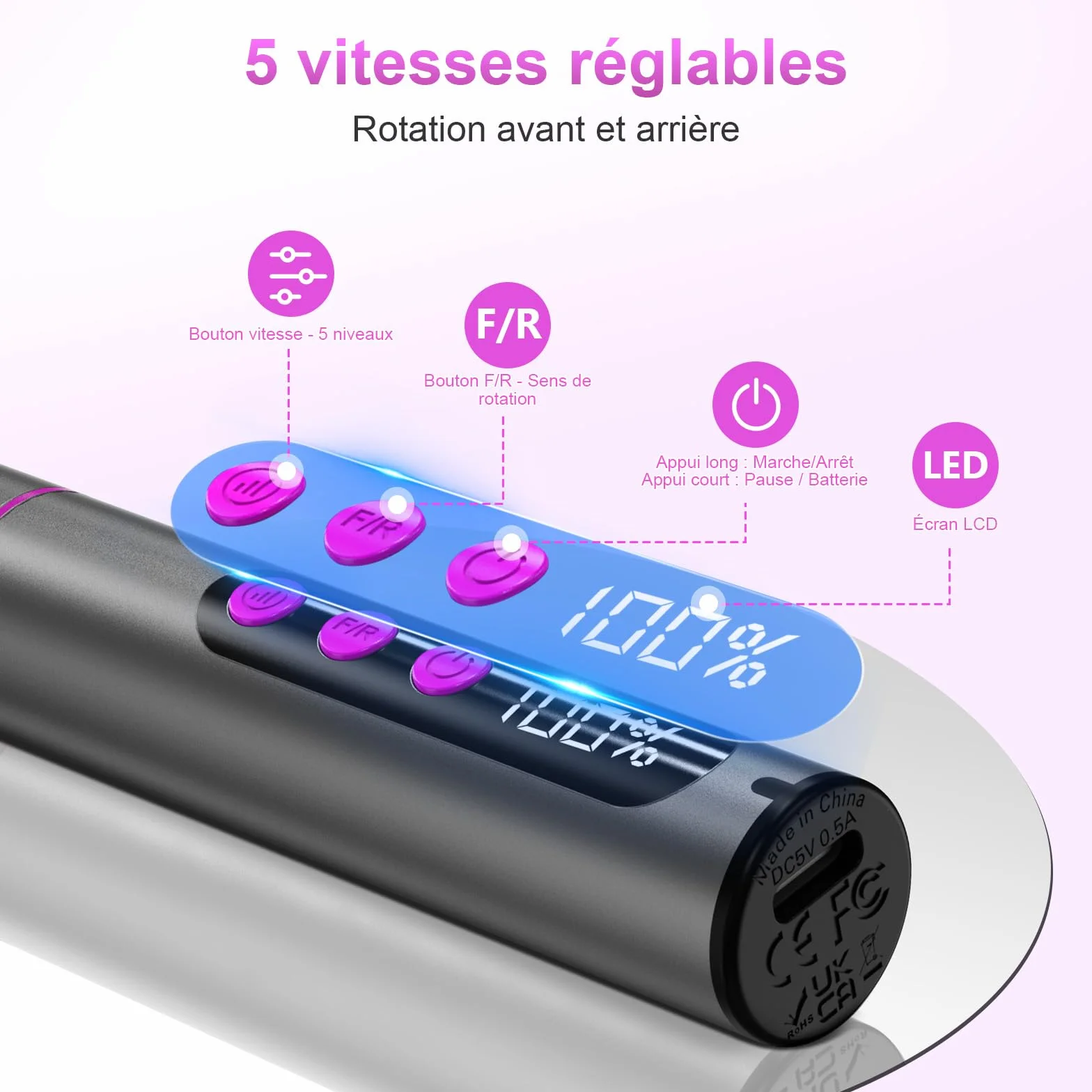 POFIBO Ponceuse pour Ongles Professionnel - 12 en 1 Lime a Ongle Electrique 35000RPM avec LCD écran Numérique, sans fil, 5 vitesses réglables - Kit de Manucure Pédicure Rechargeable Vitesse