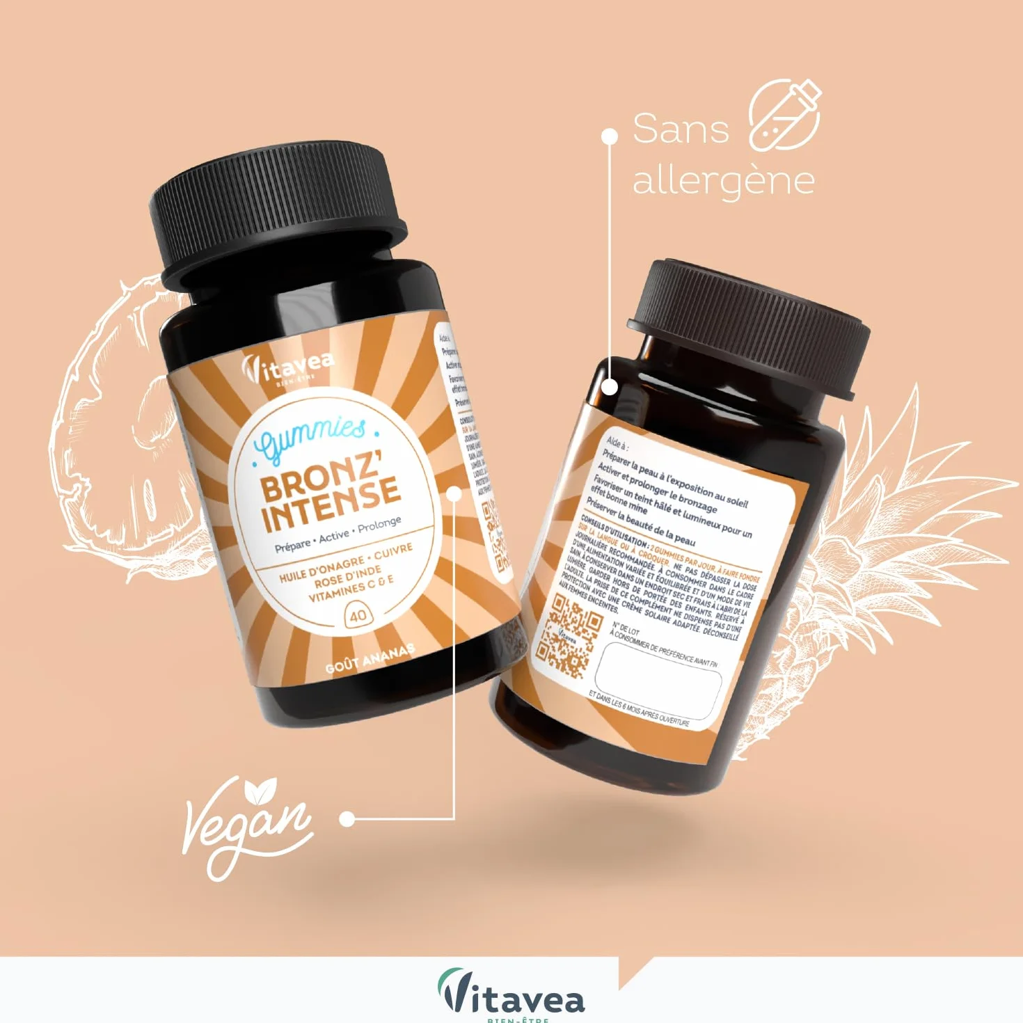 Vitavea Gummies Solaire Bronz'Intense Complément alimentaire Bronzage 40 gummies Vegan