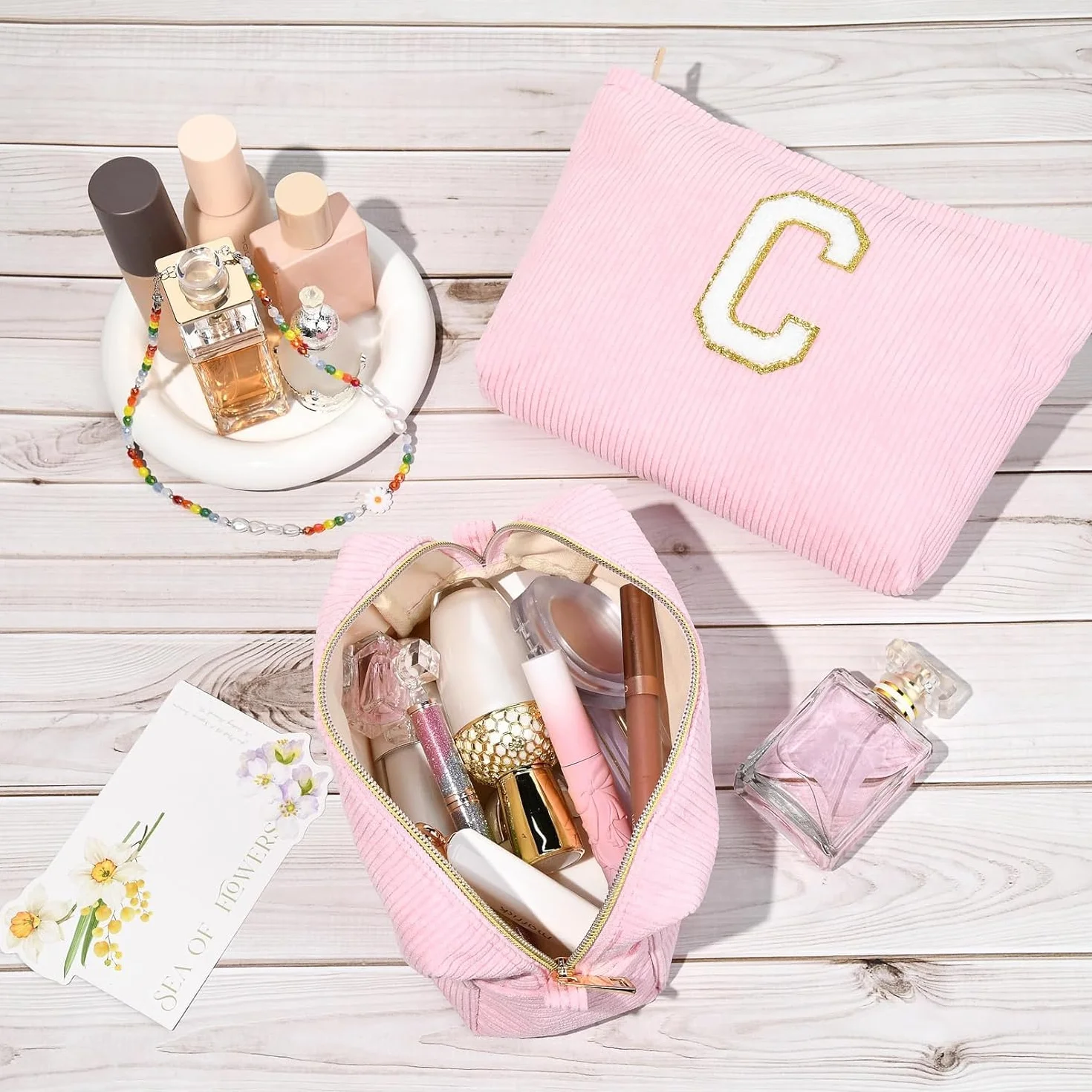 Pochette Cosmétique Rose en Velours Côtelé avec Initiales, Sac à Cosmétiques Grande Capacité Trousse de Toilette de Voyage pour Femmes Filles Cadeaux