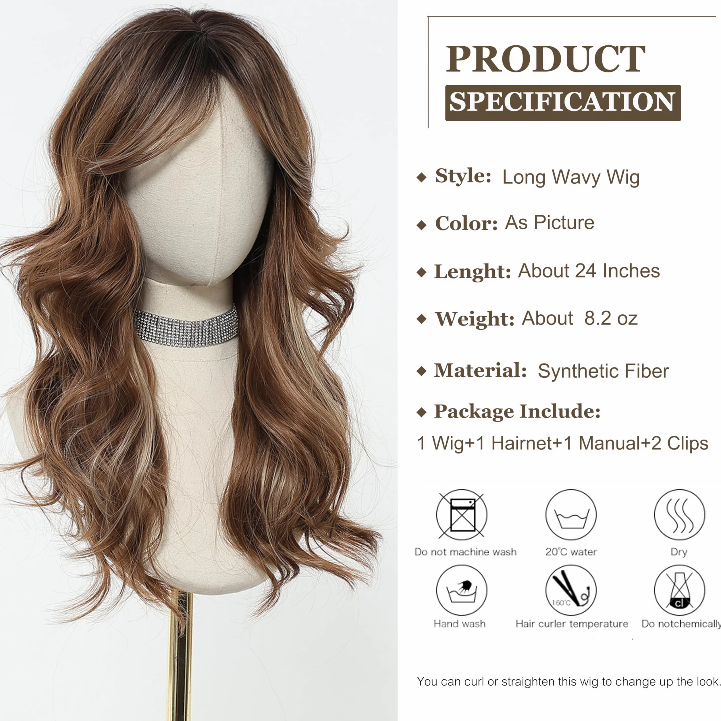 Esmee Perruque Marron Longue et Droite pour Femmes Perruque à Frange en Cheveux Synthétiques Layered pour Soirée Cosplay Quotidienne