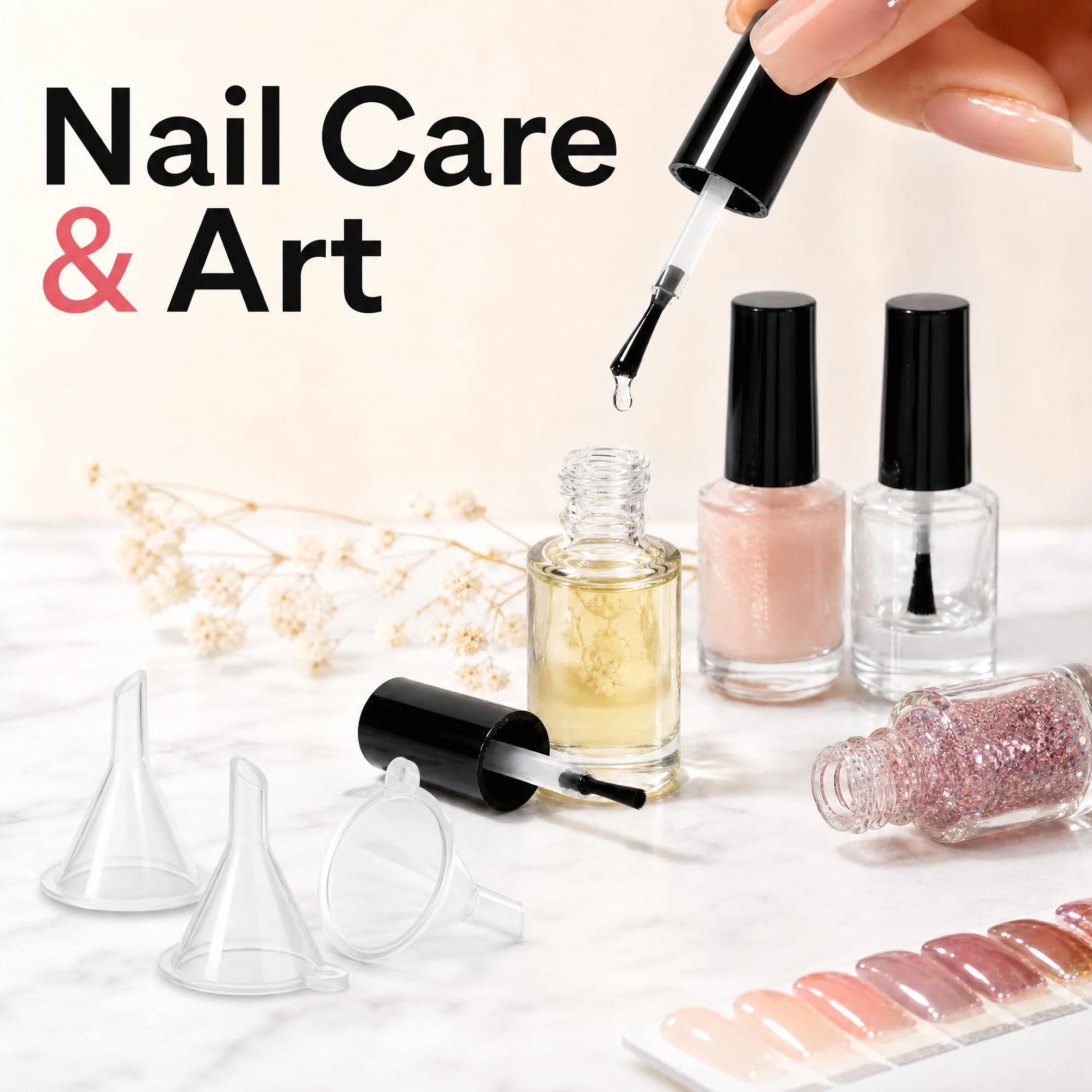 ZENFUN Lot de 50 flacons de vernis à ongles vides de 5 ml avec bouchon pinceau, récipients transparents pour vernis à ongles avec 6 entonnoirs en vrac, flacons rechargeables en verre pour nail art