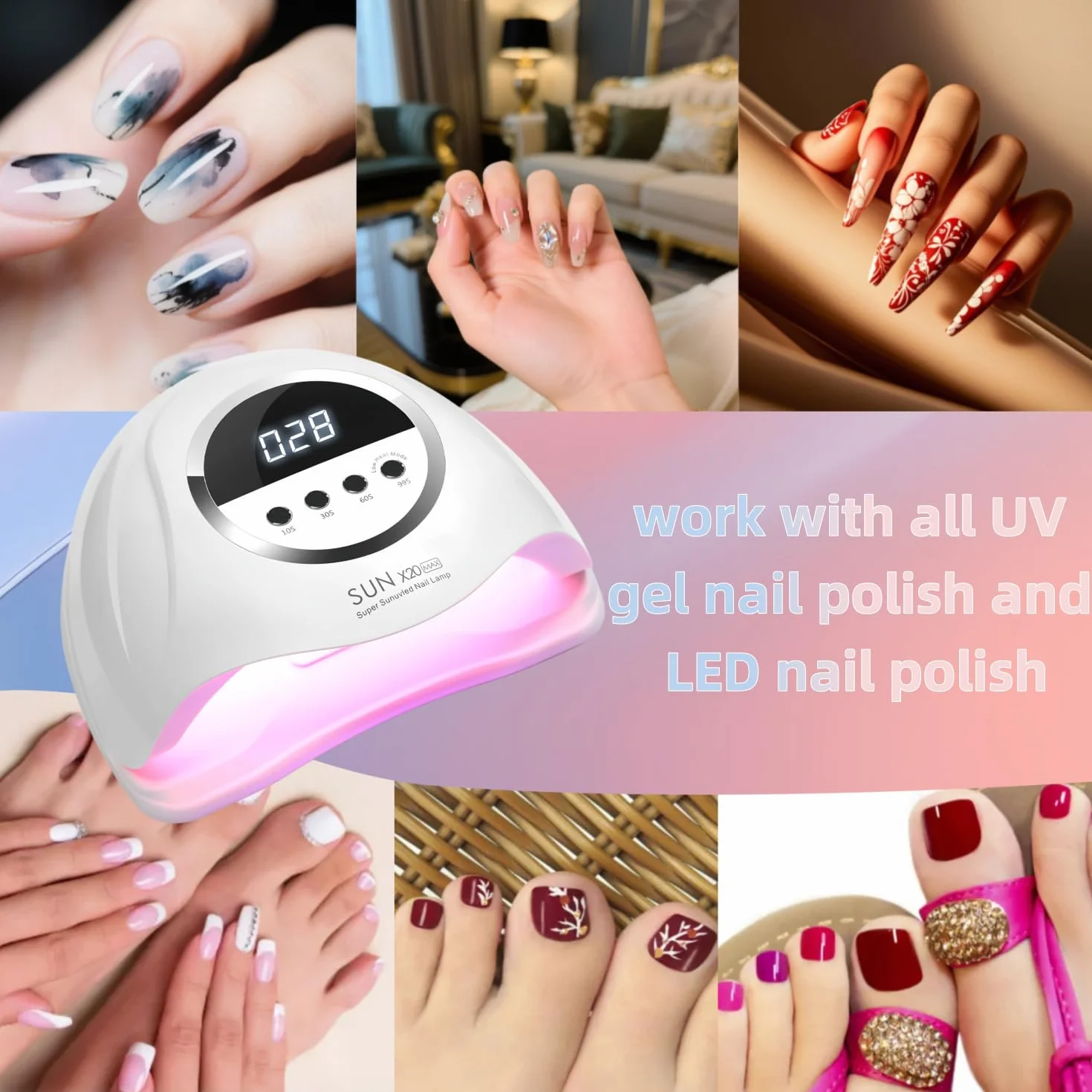 Lampe UV LED Ongles 320W 72 LEDs, Séchoir Professionnel avec Capteur Automatique et 4 Minuteries, Idéale pour Ongles des Mains et Pieds