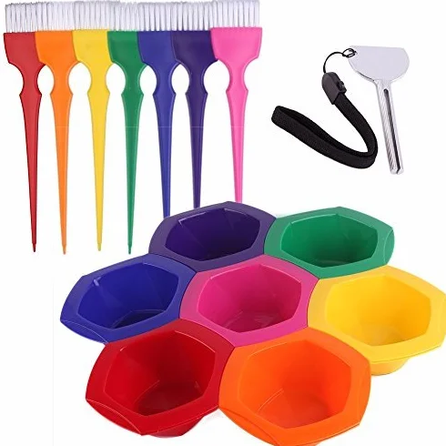 Un lot de 7 pinceaux et 7 bols pour teinture capillaire, arc-en-ciel, 7 couleurs