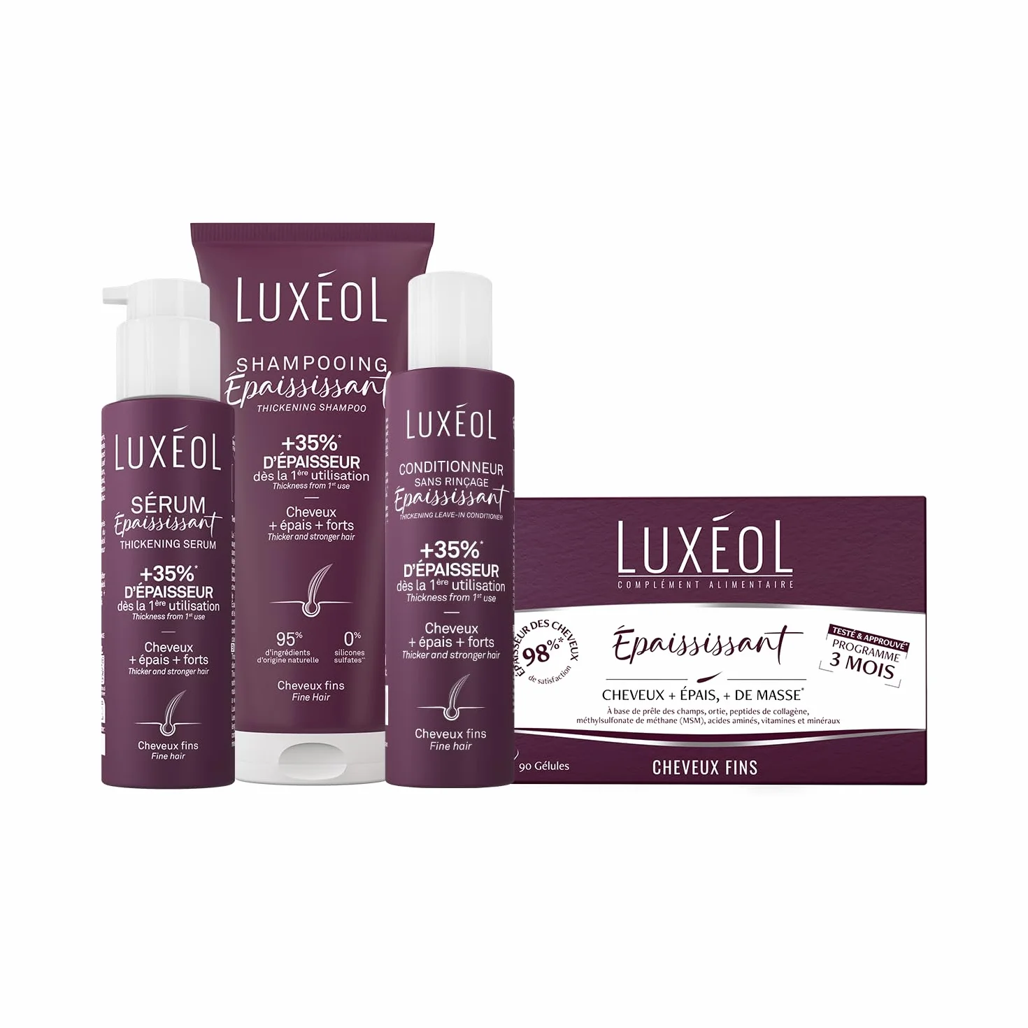 LUXEOL - Routine Epaississante In & Out - Cheveux Gras - +35% D'Epaisseur Dès la 1ère Utilisation* Shampooing + Conditionneur sans rincage+ Sérum + Complément alimentaire - Fabriqué en France
