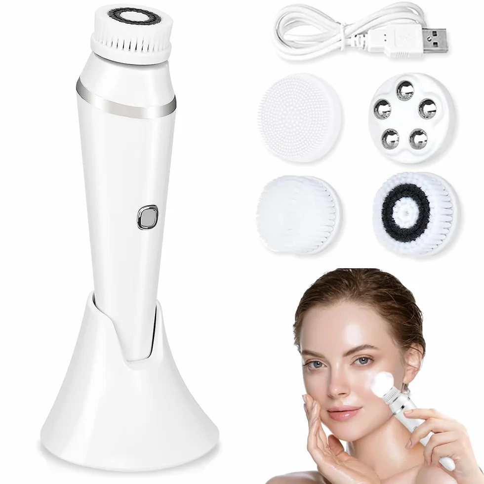 Brosse Nettoyante Visage Électrique, Rechargeable Brosse Visage Rotative avec 4 TêTes de Rechange Étanche Brosse de Nettoyage du Visage pour Nettoyage, Exfoliant et Massage du Visage