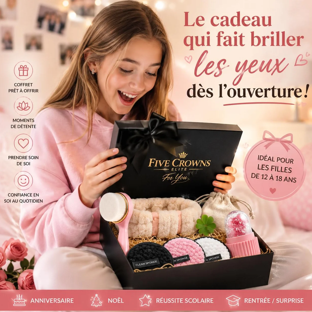 Coffret Beauté et Bien-Être Ado Fille 12-18 Ans, Kit Skincare avec Ice Roller, Brosse Visage, Disques Démaquillants Réutilisables