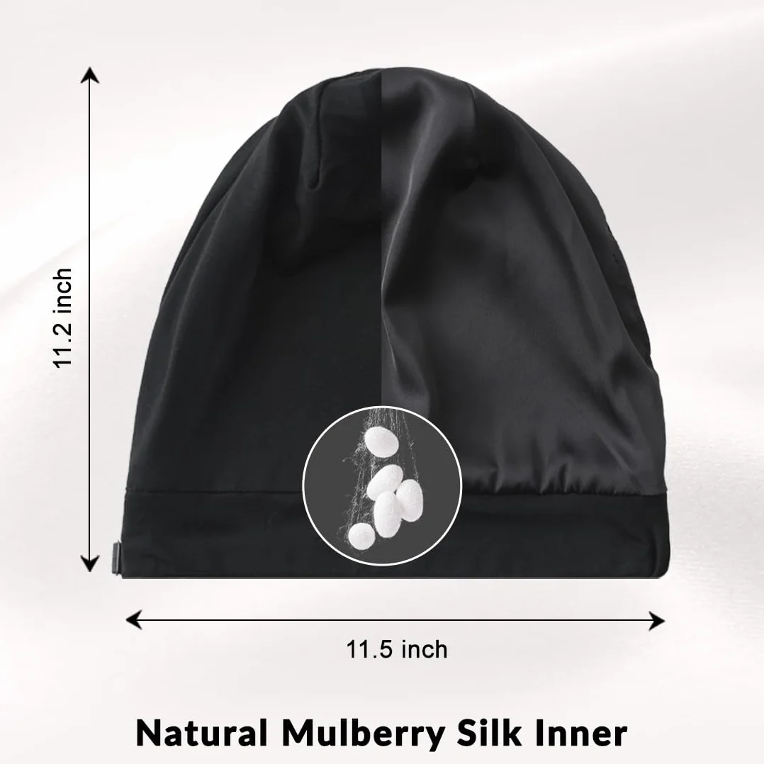 Bonnet de nuit en 100 % soie de mûrier pour femme - Bonnet de nuit en soie avec fermeture réglable - Bonnet souple à doublure en soie pour boucles et cheveux longs - Noir