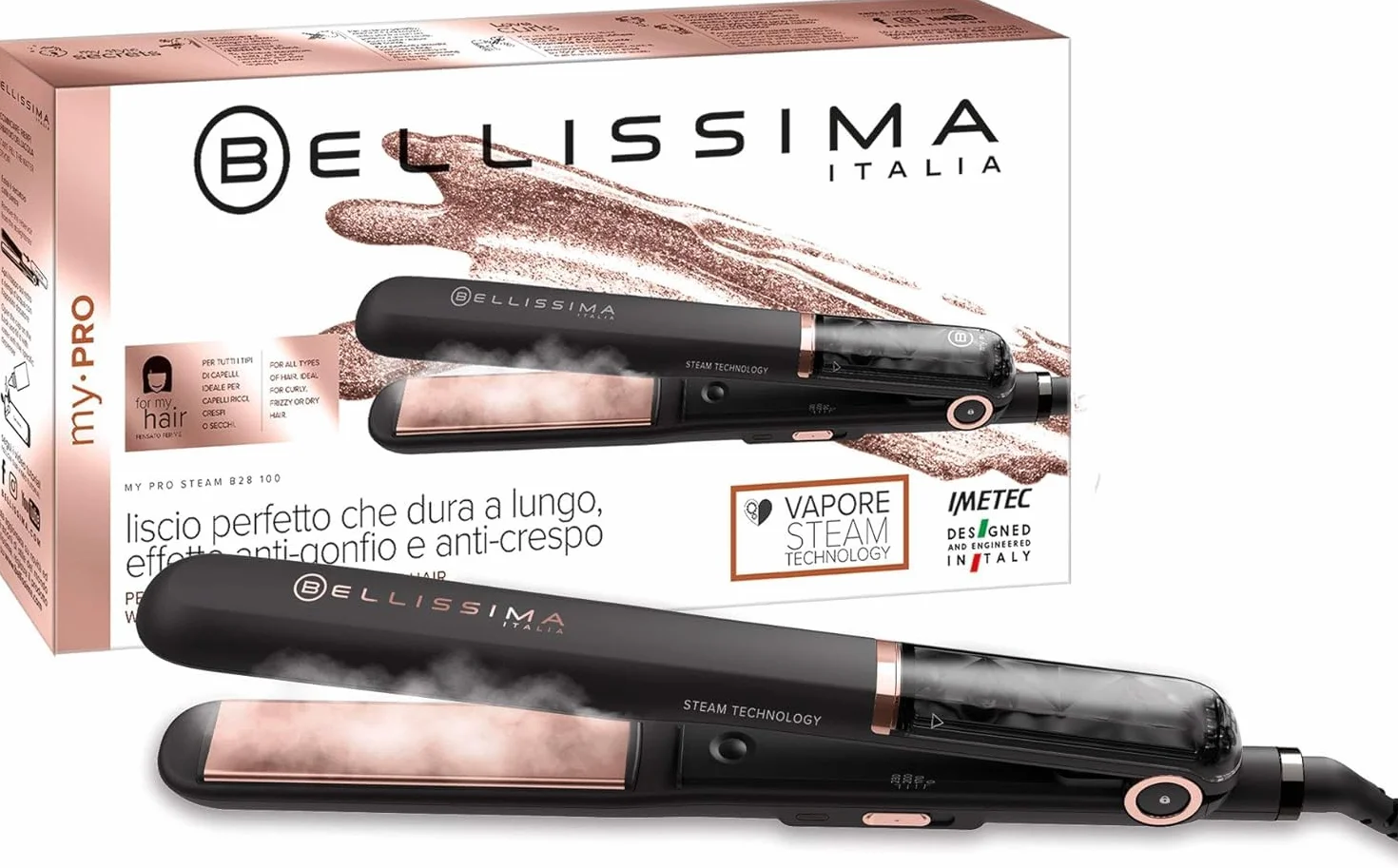 Bellissima Lisseur Vapeur, Plaque Céramique - Lisseur Cheveux à Vapeur, Protection et Brillance - My Pro Steam B28 100, 3 Températures - Adapté à Tout Type de Cheveux Même Frisés, Crépus