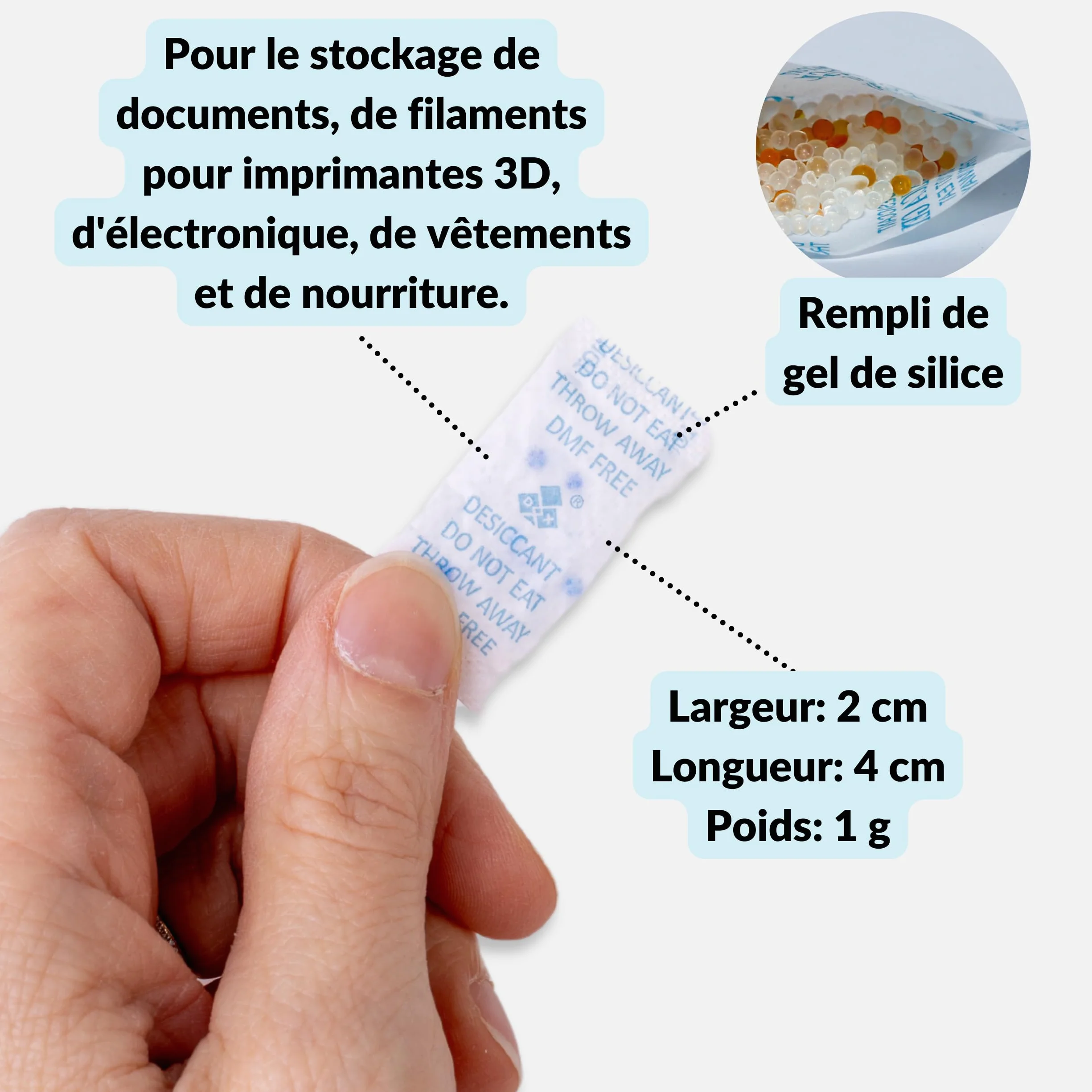 Lens-Aid Sachets Silica Gel 1g x 100 – Déshydratant Réutilisable avec Indicateur Orange/Vert Anti-Humidité