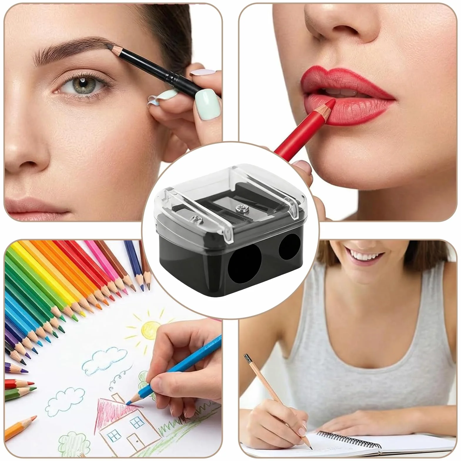Taille-Crayon Maquillage Double, Accessoires Maquillage, pour Crayons Sourcils Lèvres Eyeliner (Noir)