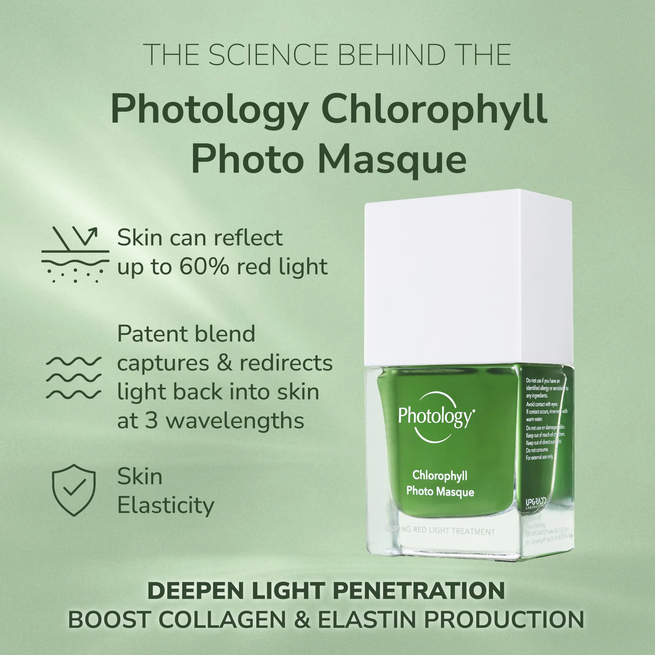 Masque photo à la chlorophylle, masque visage pour luminothérapie rouge, réduit les ridules et rafraîchit tous les types de peau grâce à la centella asiatica – 30 ml