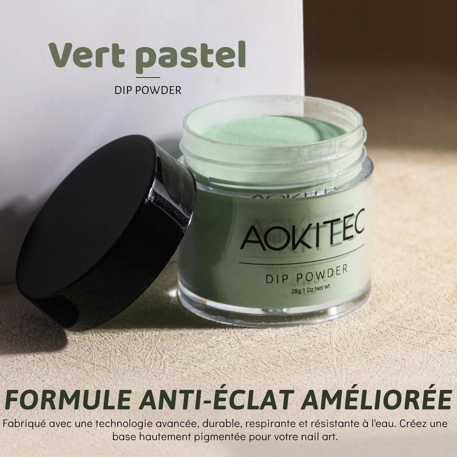 Aokitec Dip Powder 28g Vert Pastel, Poudre à Tremper Acrylique Nail Art Français Longue Durée