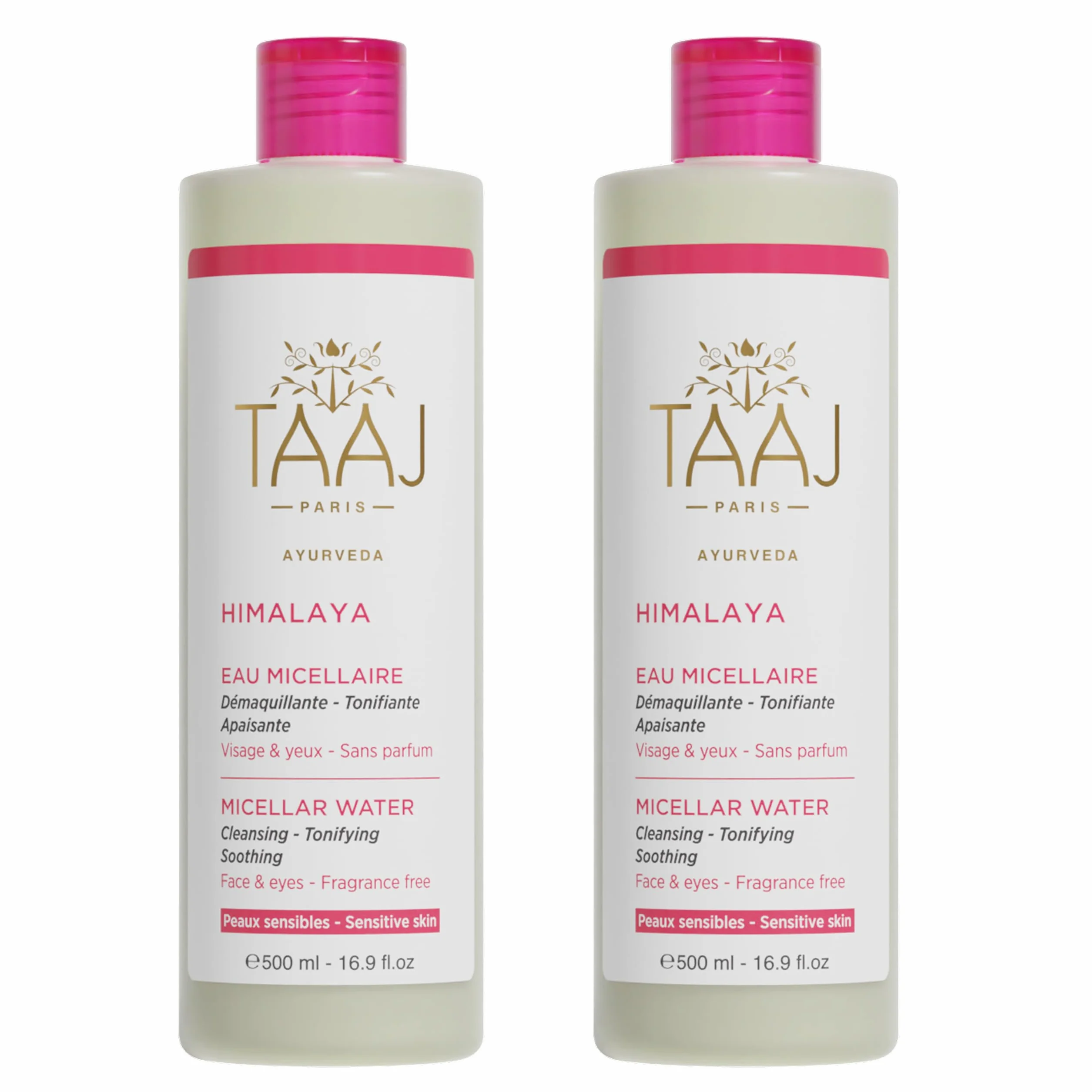 TAAJ | Eau Micellaire Hymalaya | Nettoie et Démaquille | Élimine les Impuretés | Peau Parfaitement Douce et Souple | Peaux sensibles | Fabriqué en France | Végan | Cruelty Free | 2x500ML
